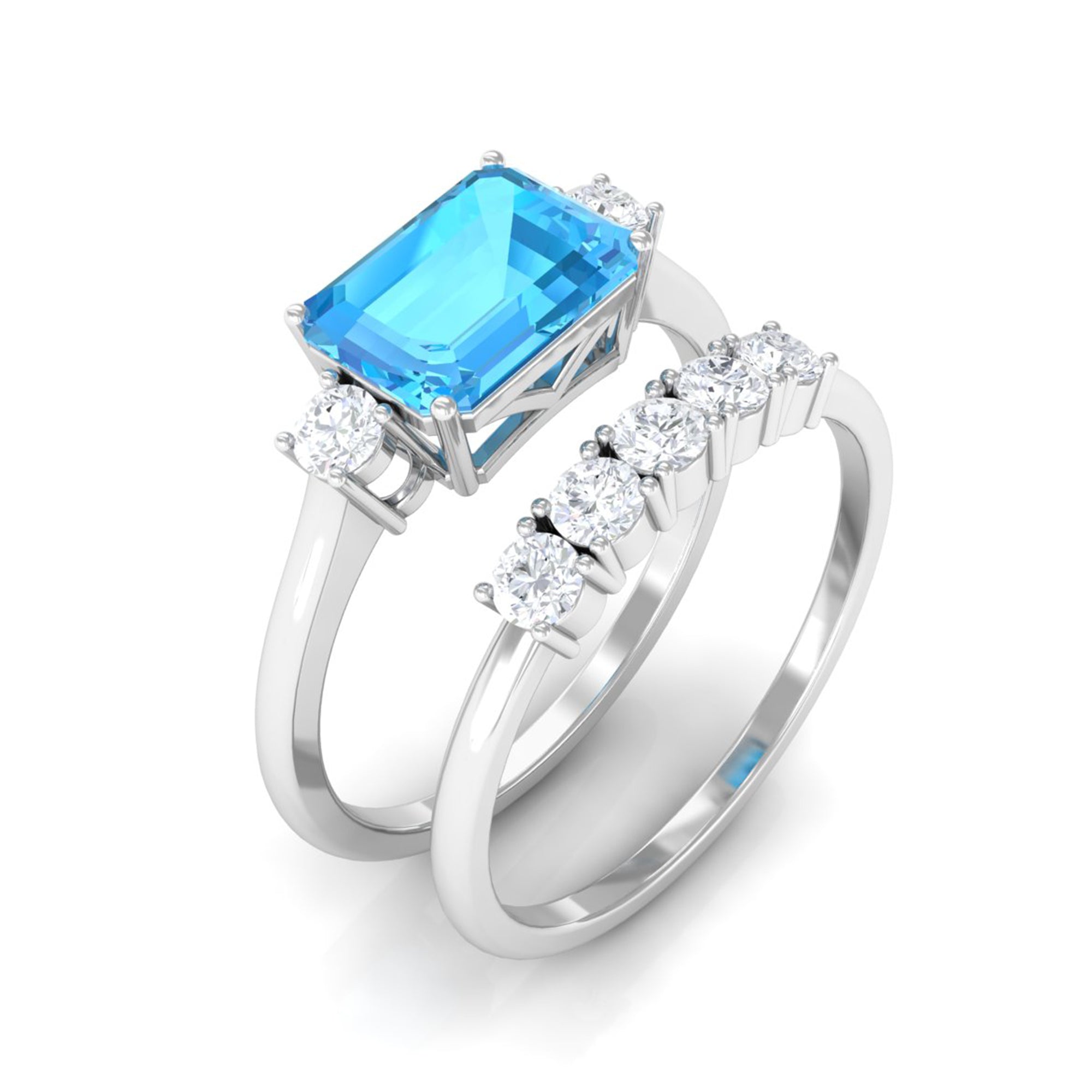 Rosec Jewels-Octagon Cut Swiss Blue Topaz Contemporary Wedding Ring Set with Moissanite