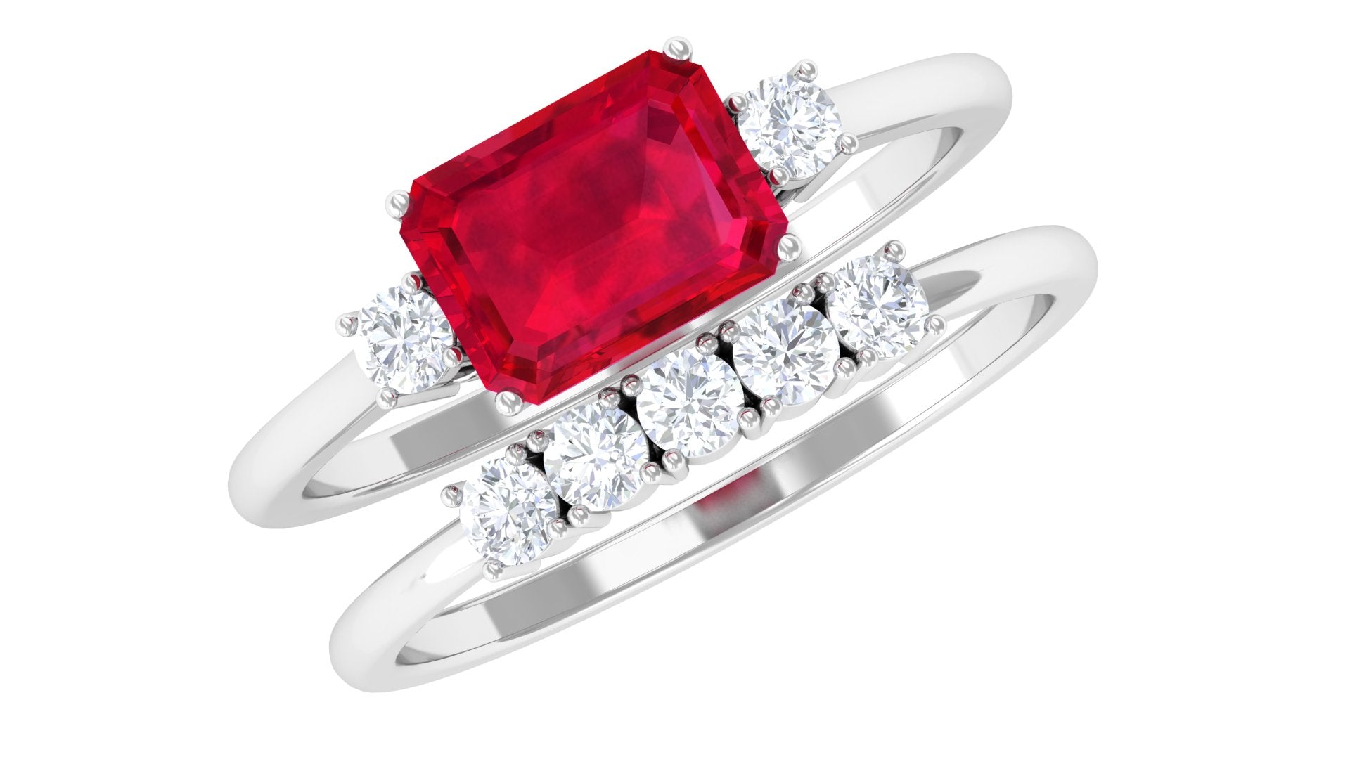 Rosec Jewels-Emerald Cut Created Ruby Contemporary Wedding Ring Set with Diamond