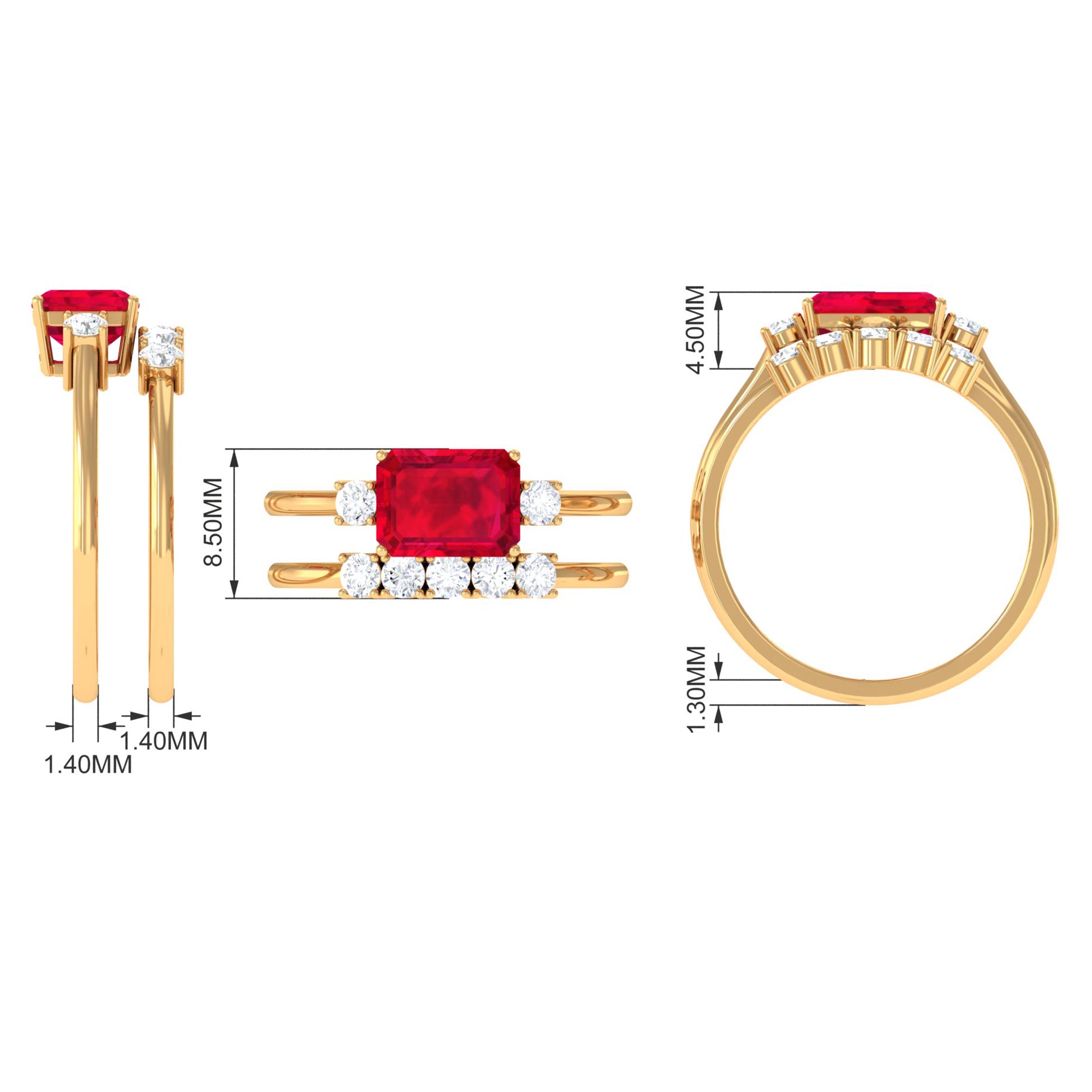 Rosec Jewels-Emerald Cut Created Ruby Contemporary Wedding Ring Set with Diamond