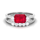 Rosec Jewels-Emerald Cut Created Ruby Contemporary Wedding Ring Set with Diamond