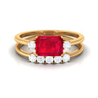 Rosec Jewels-Emerald Cut Created Ruby Contemporary Wedding Ring Set with Diamond