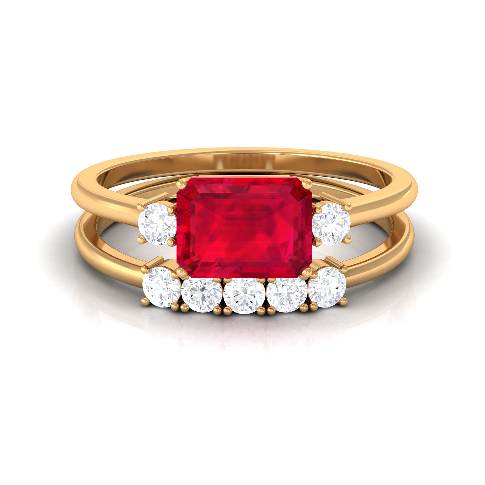 Rosec Jewels-Emerald Cut Created Ruby Contemporary Wedding Ring Set with Diamond