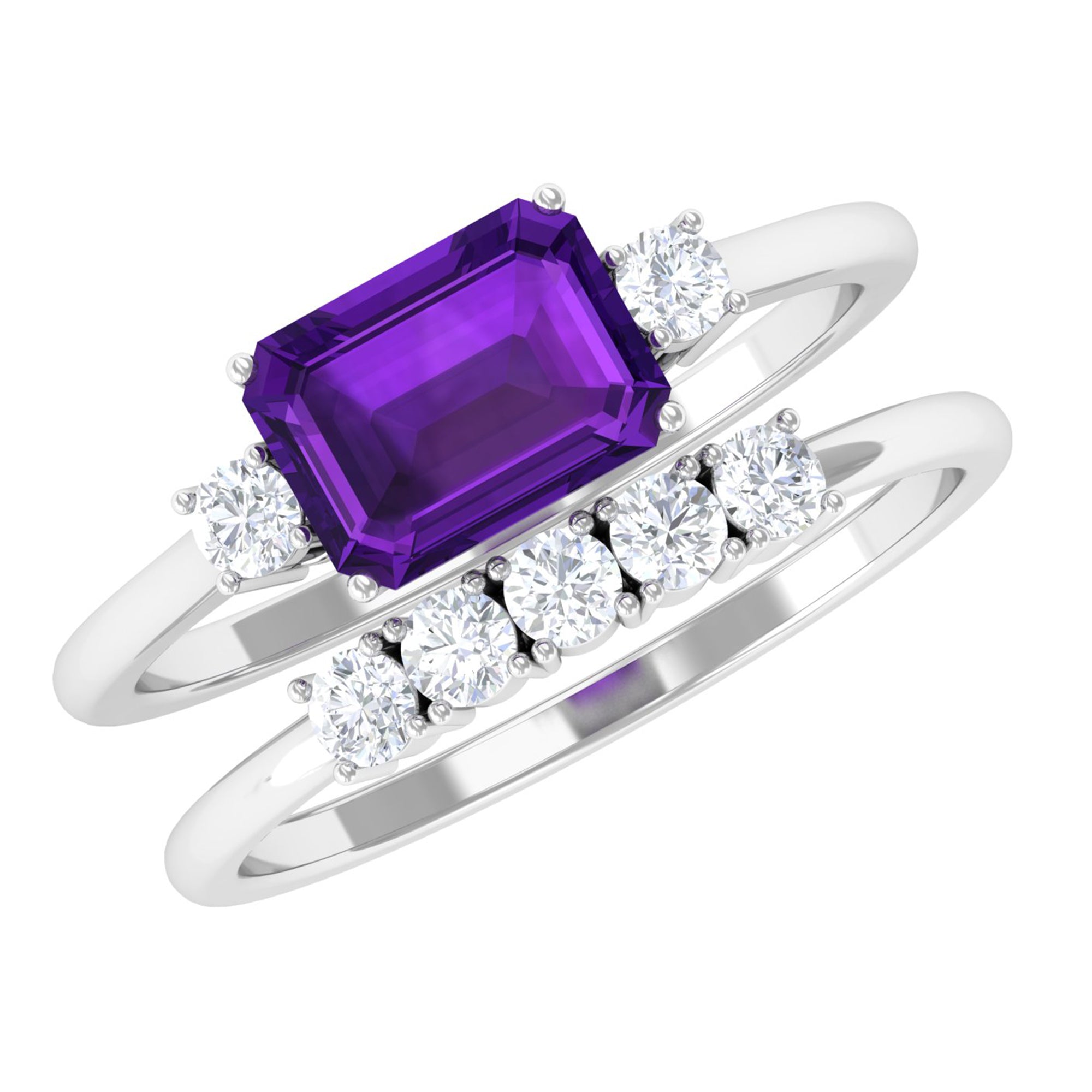 Rosec Jewels-Octagon Cut Amethyst Contemporary Wedding Ring Set with Diamond