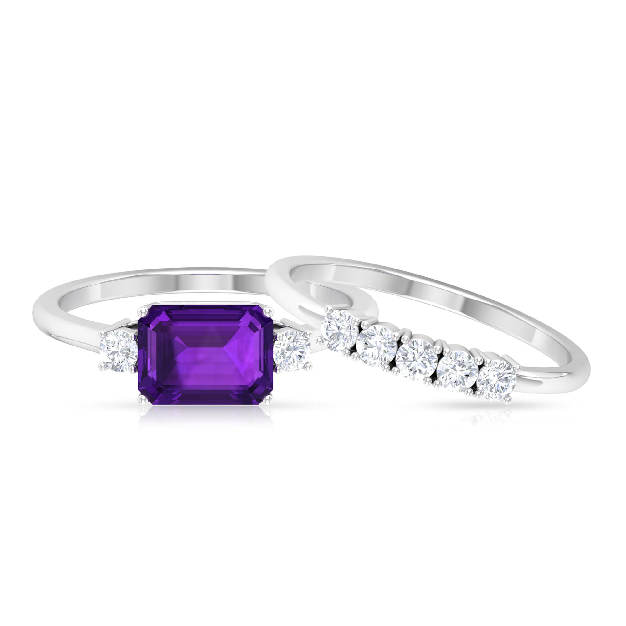 Rosec Jewels-Octagon Cut Amethyst Contemporary Wedding Ring Set with Diamond