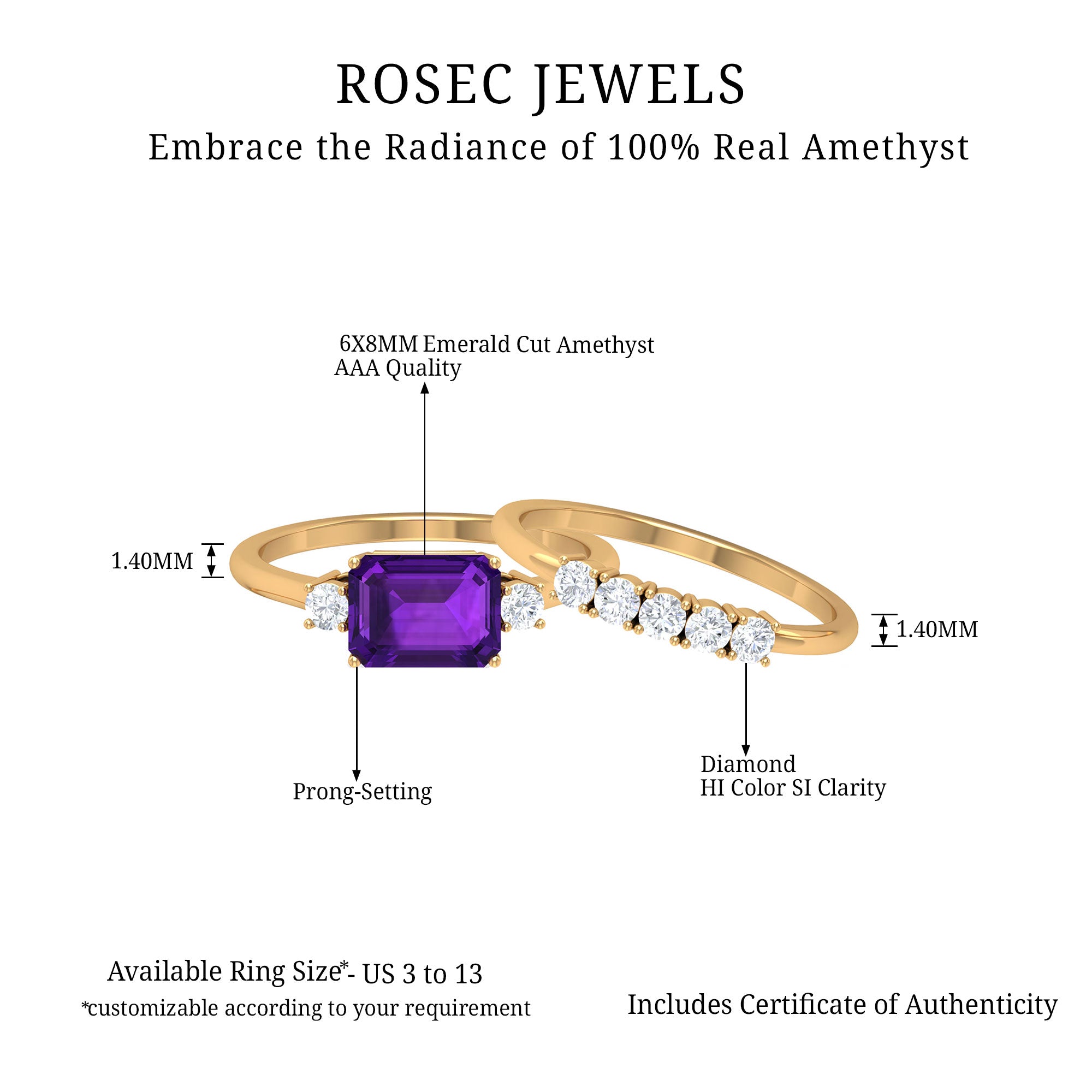 Rosec Jewels-Octagon Cut Amethyst Contemporary Wedding Ring Set with Diamond