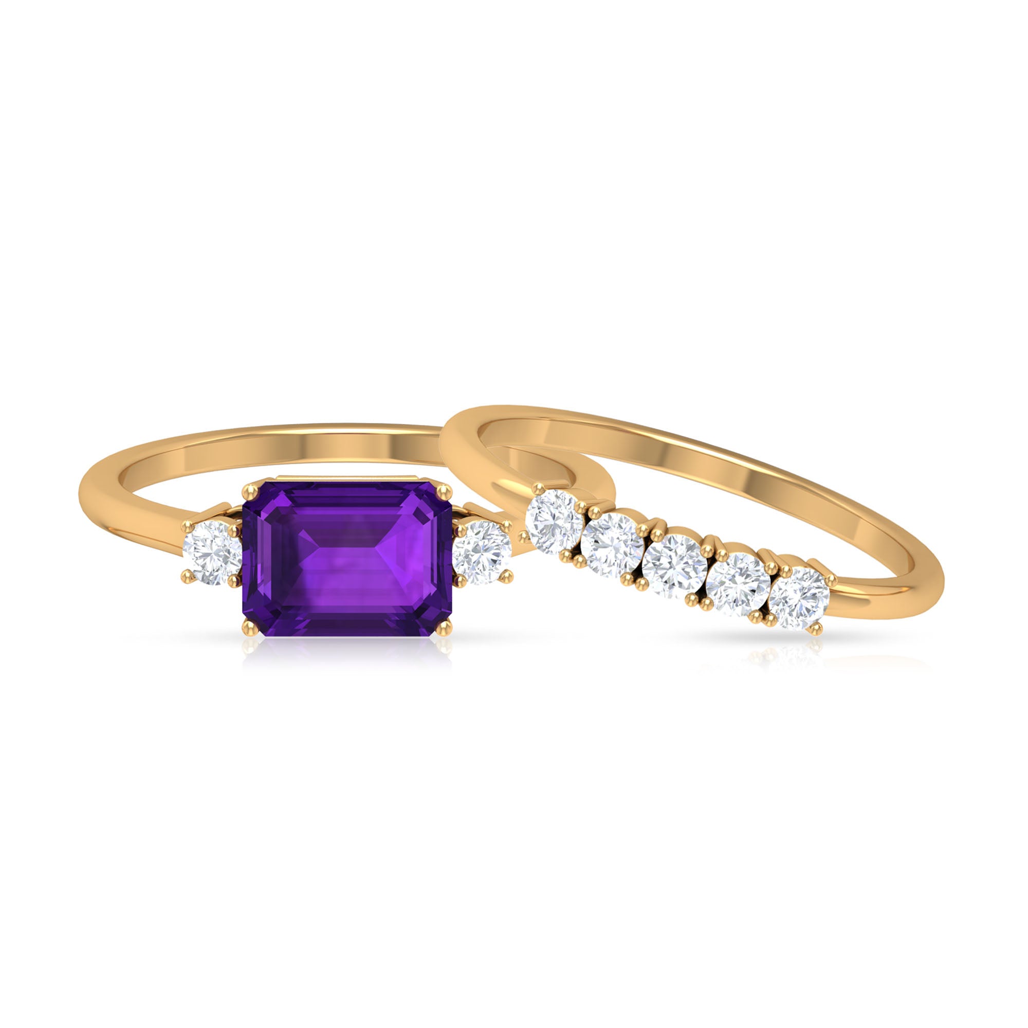 Rosec Jewels-Octagon Cut Amethyst Contemporary Wedding Ring Set with Diamond