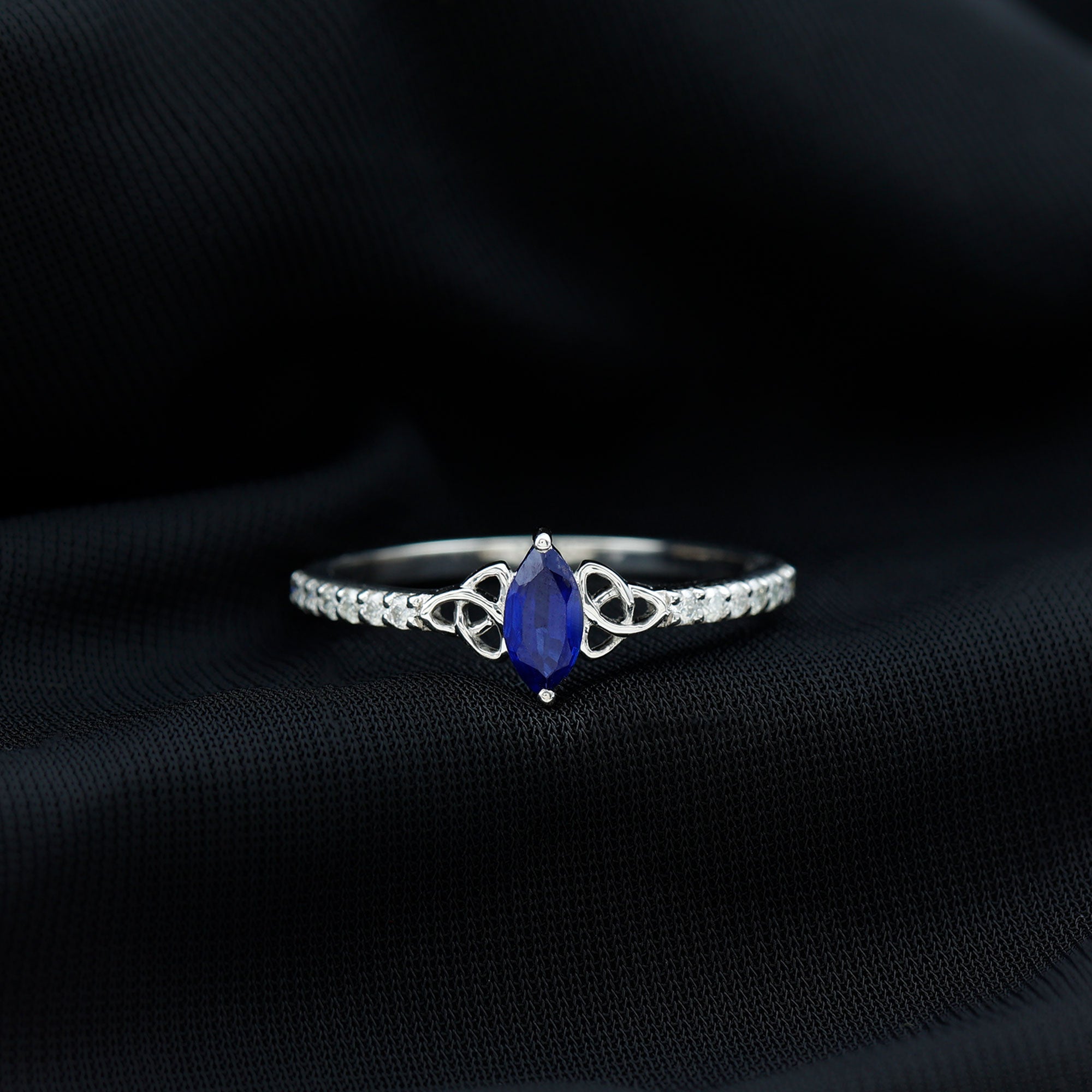 Rosec Jewels-1 CT Marquise Created Blue Sapphire Solitaire Celtic Knot Ring with Diamond