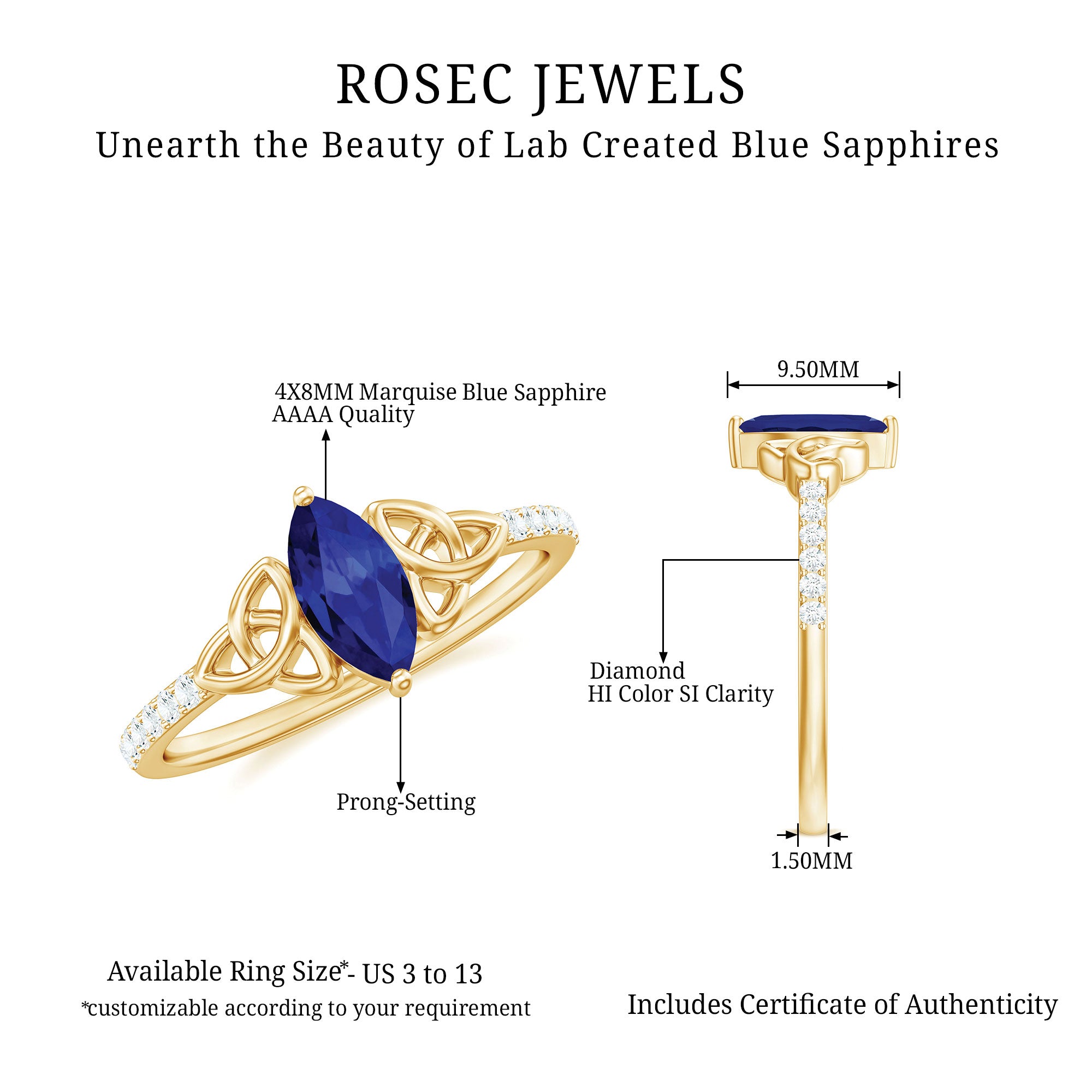 Rosec Jewels-1 CT Marquise Created Blue Sapphire Solitaire Celtic Knot Ring with Diamond