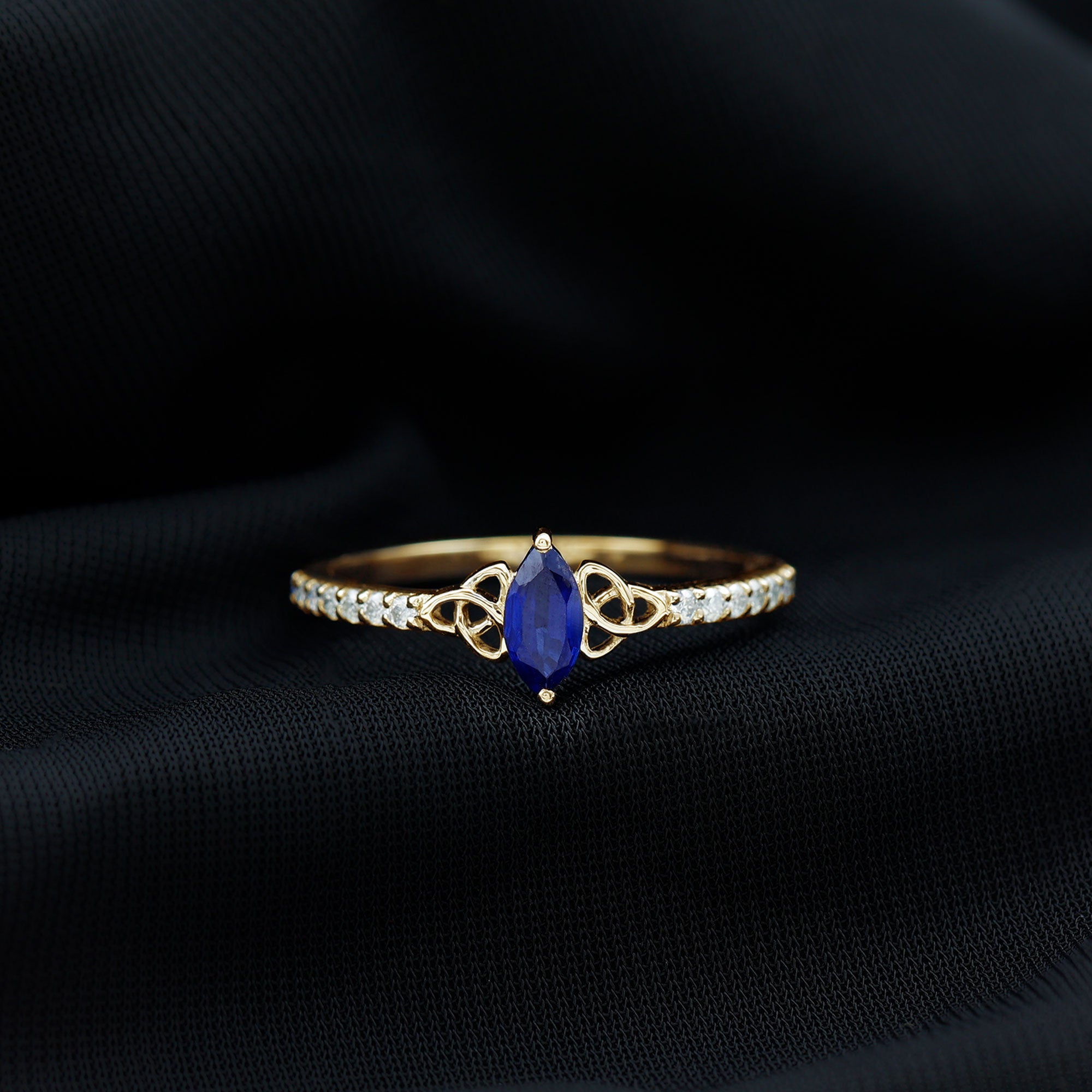 Rosec Jewels-1 CT Marquise Created Blue Sapphire Solitaire Celtic Knot Ring with Diamond