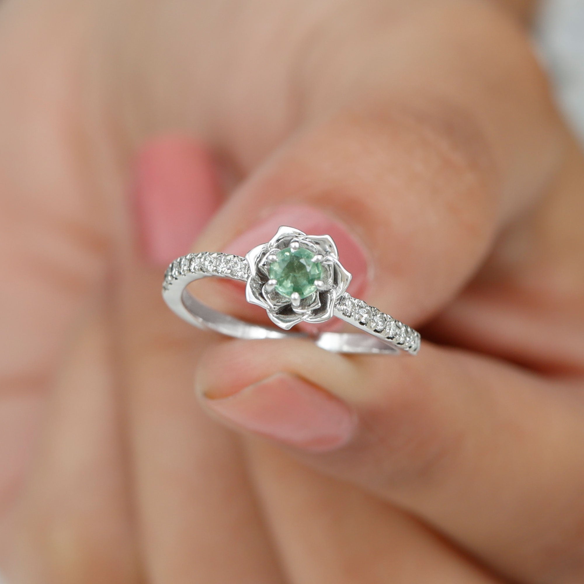 Rosec Jewels-Green Sapphire and Diamond Flower Engagement Ring