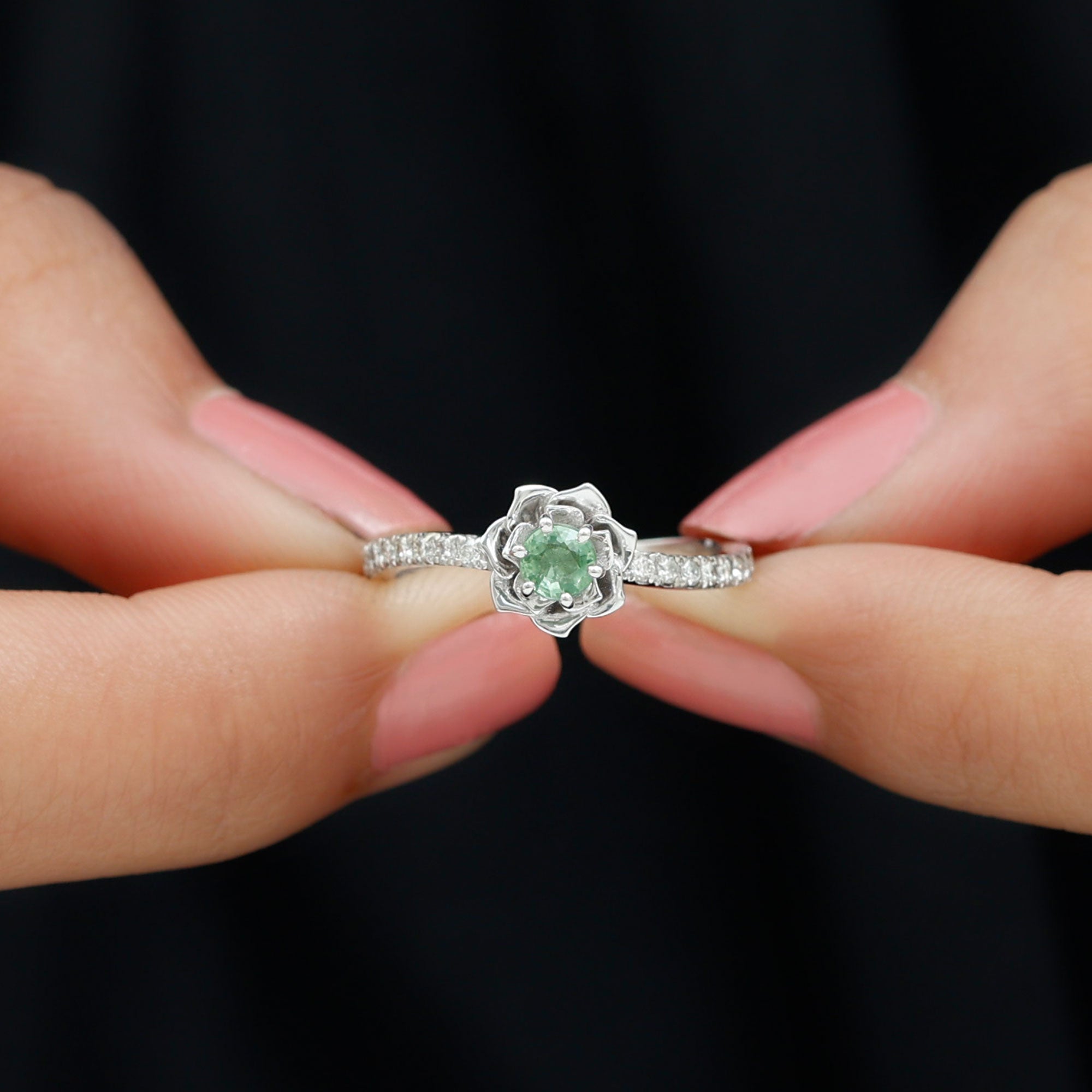 Rosec Jewels-Green Sapphire and Diamond Flower Engagement Ring