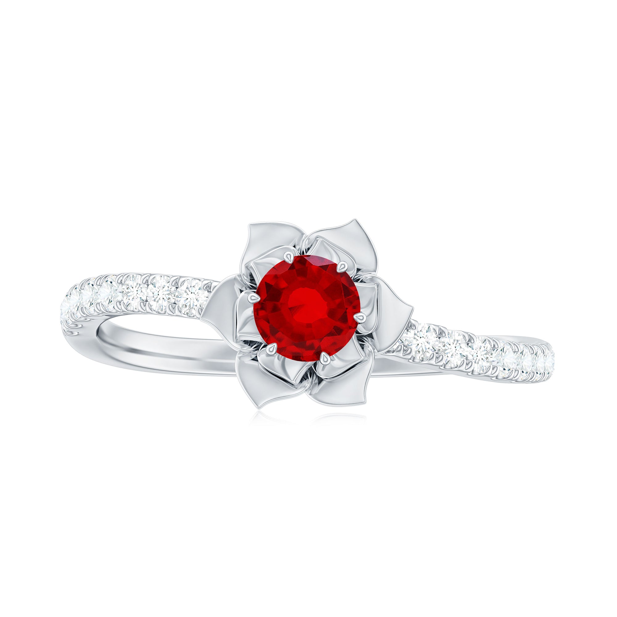 Rosec Jewels-3/4 CT Created Ruby and Diamond Flower Engagement Ring