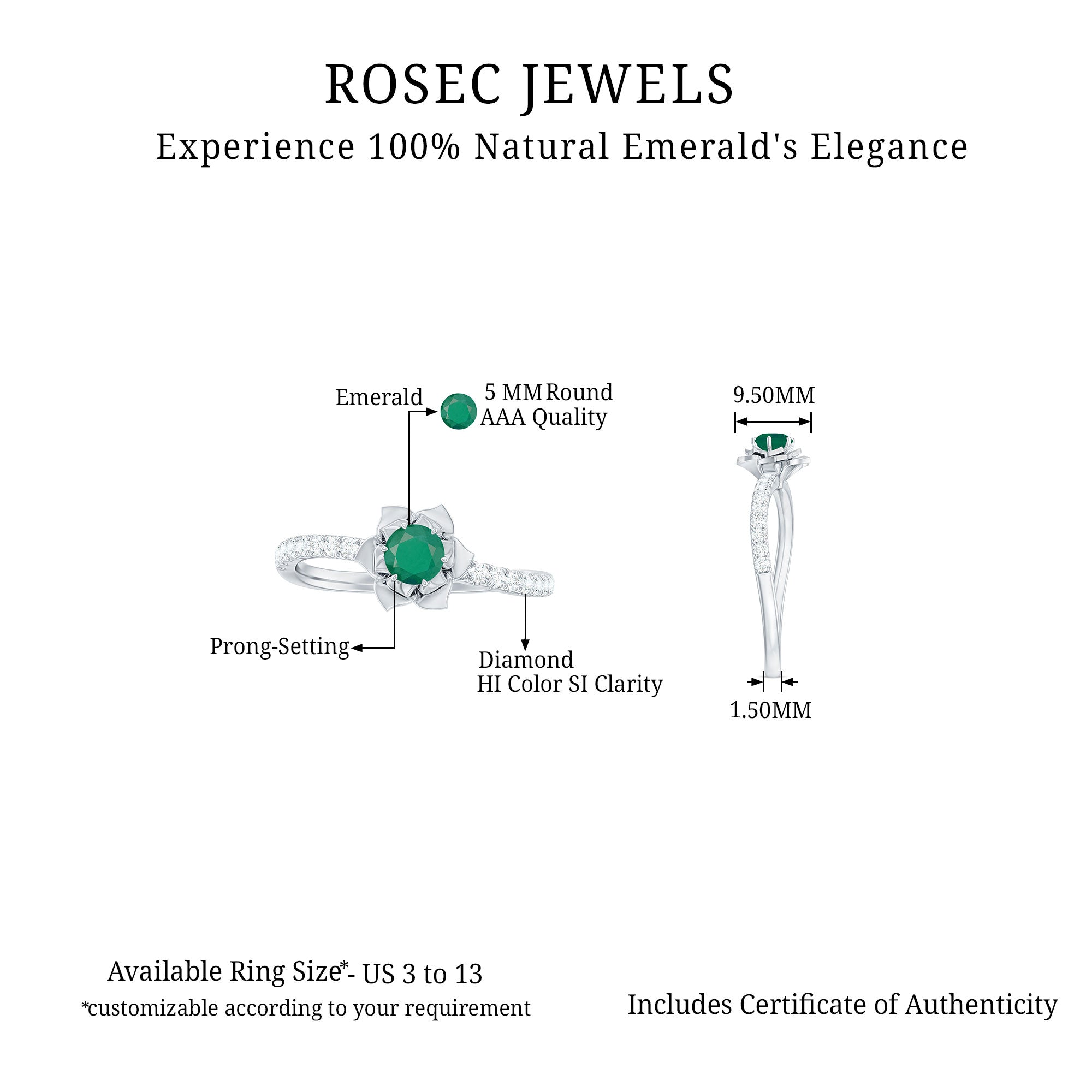 Rosec Jewels-1/2 CT Emerald Flower Engagement Ring with Diamond