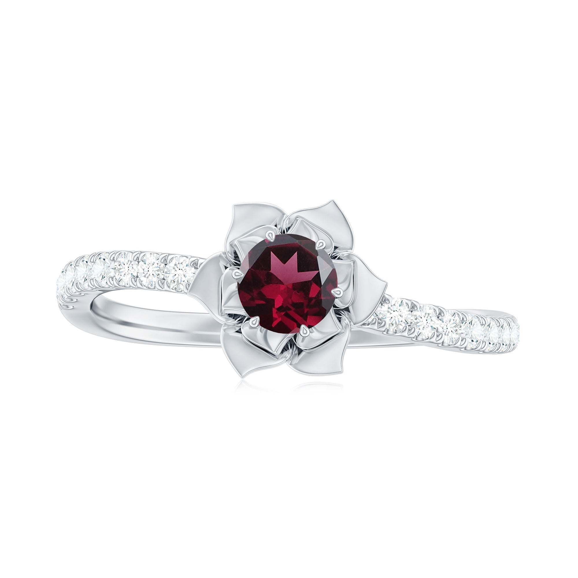 Rosec Jewels-0.50 CT Real Rhodolite Floral Engagement Ring with Diamond Side Stones