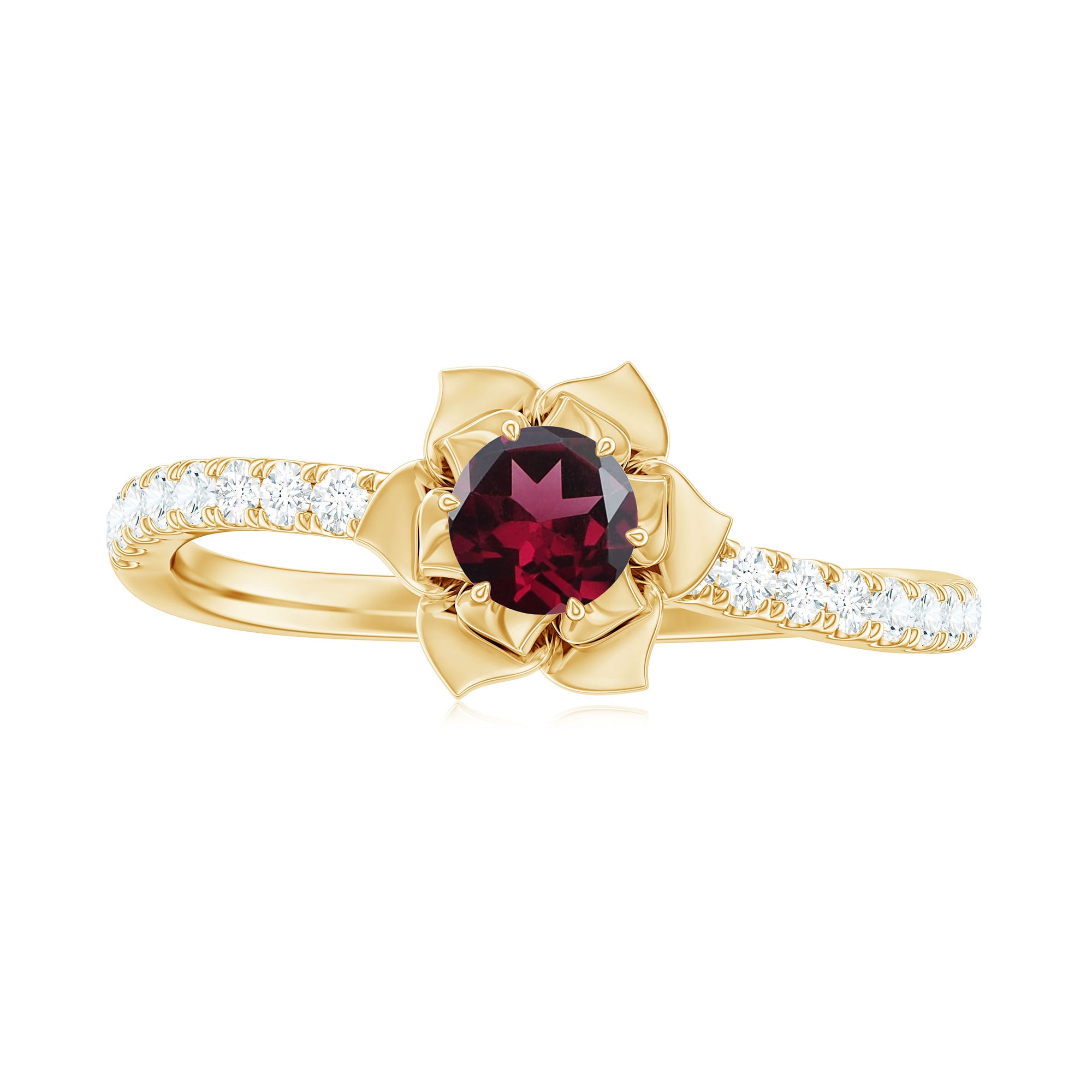 Rosec Jewels-0.50 CT Real Rhodolite Floral Engagement Ring with Diamond Side Stones