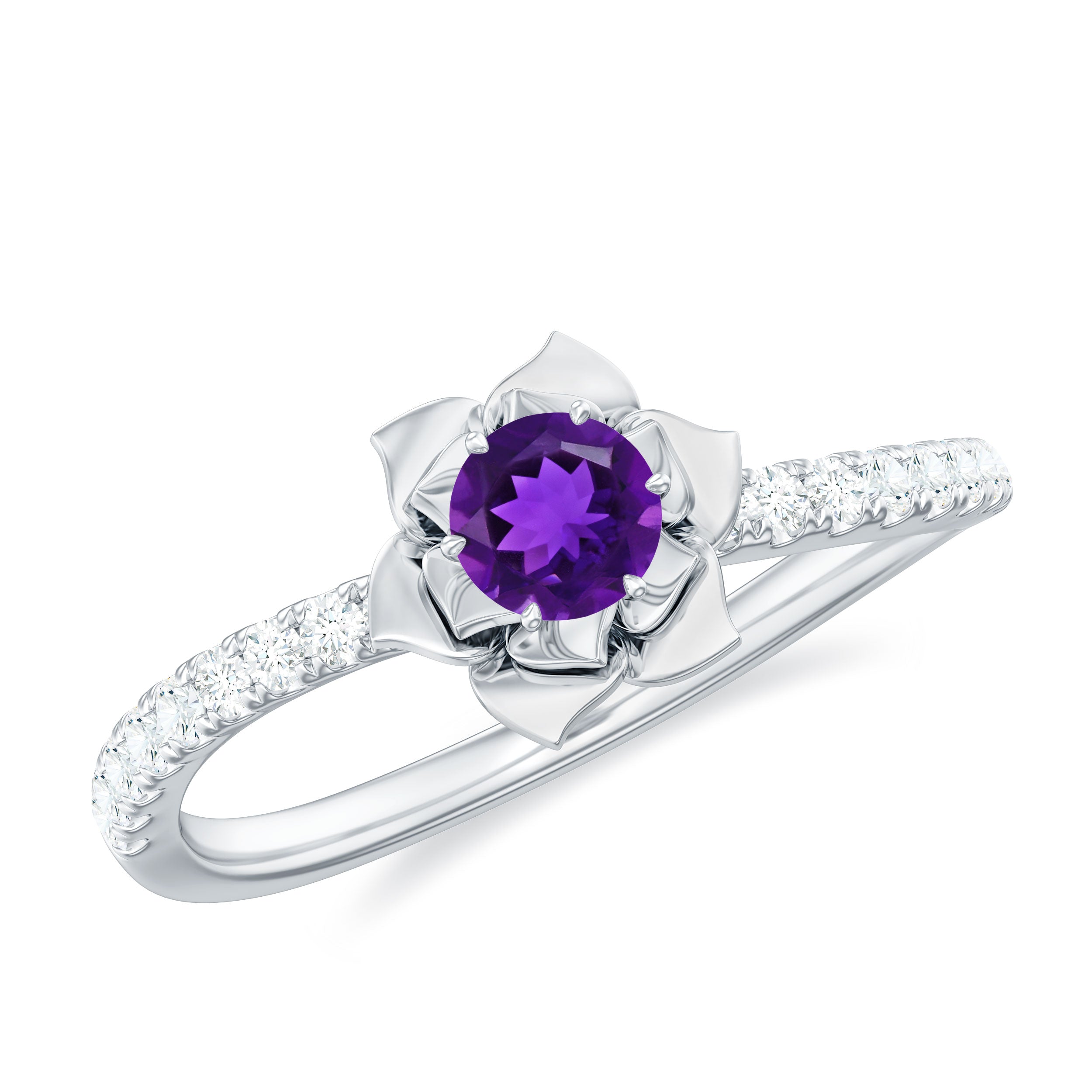 Rosec Jewels-Floral Inspired Amethyst Rose Engagement Ring with Diamond