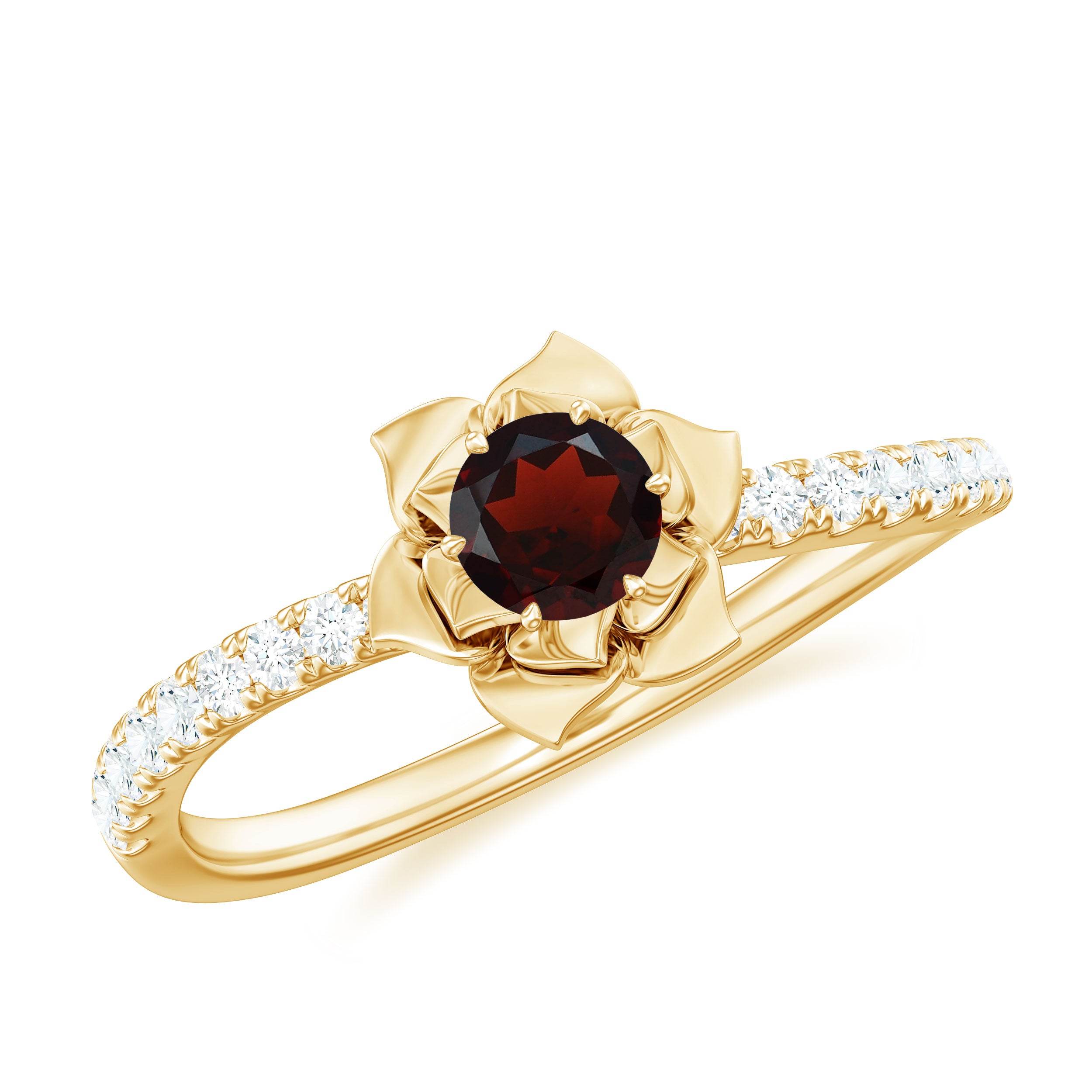 Rosec Jewels-Floral Inspired Garnet Rose Engagement Ring with Diamond