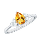 Rosec Jewels-Pear Cut Real Citrine Solitaire Ring with Diamond Trio