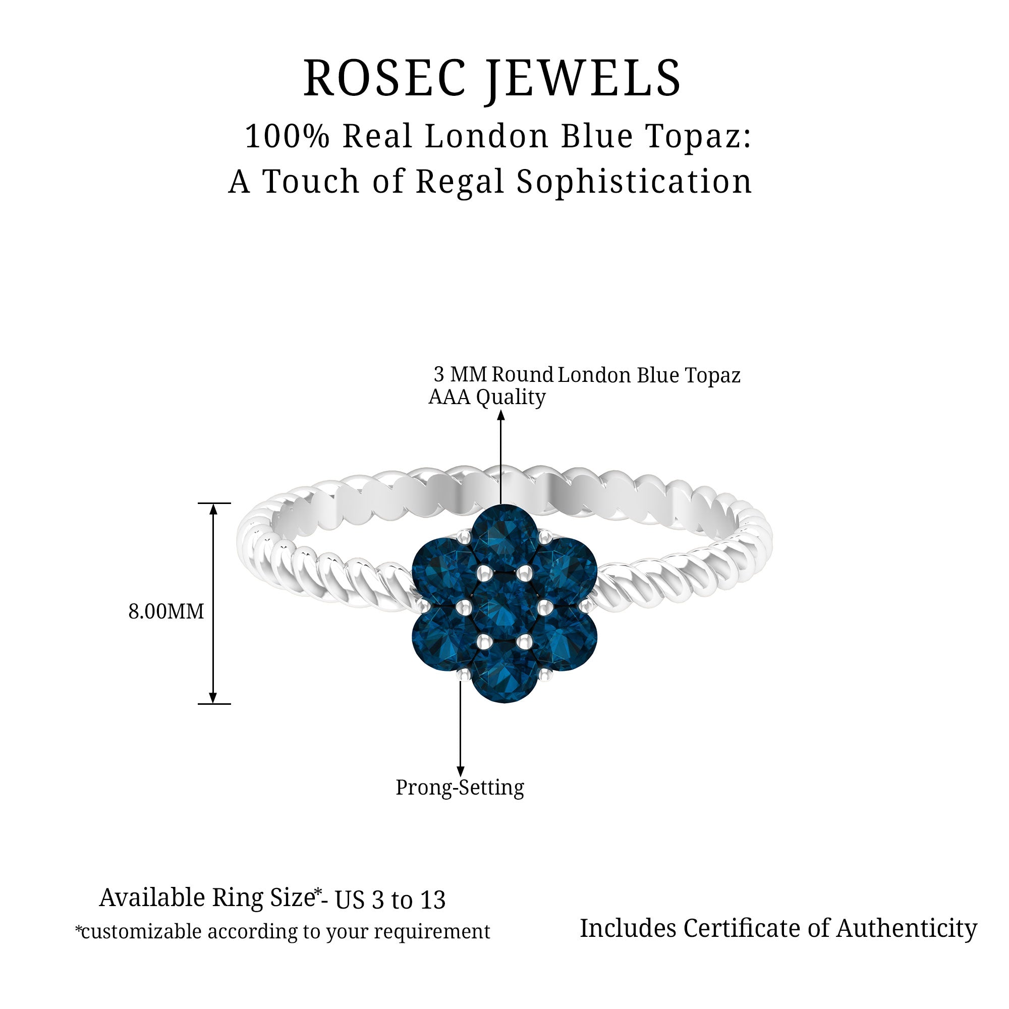 Rosec Jewels-1.25 CT London Blue Topaz Floral Cluster Ring with Twisted Rope Details