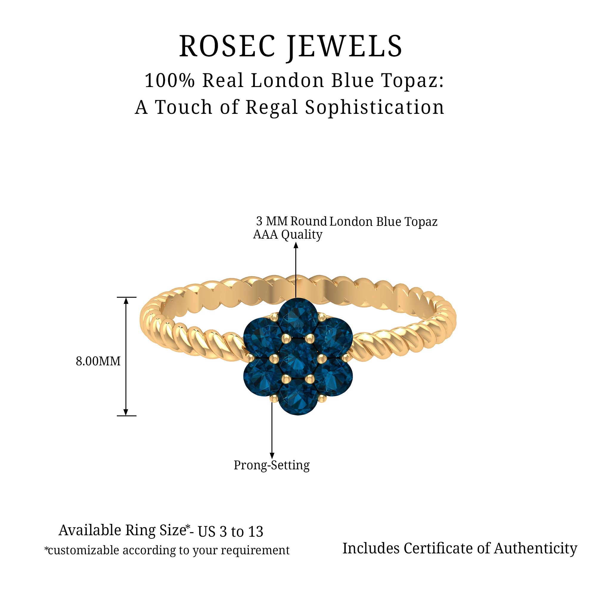 Rosec Jewels-1.25 CT London Blue Topaz Floral Cluster Ring with Twisted Rope Details