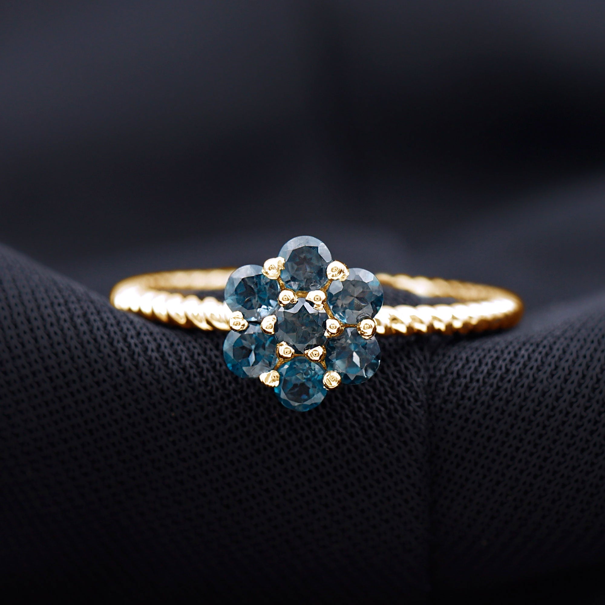 Rosec Jewels-1.25 CT London Blue Topaz Floral Cluster Ring with Twisted Rope Details