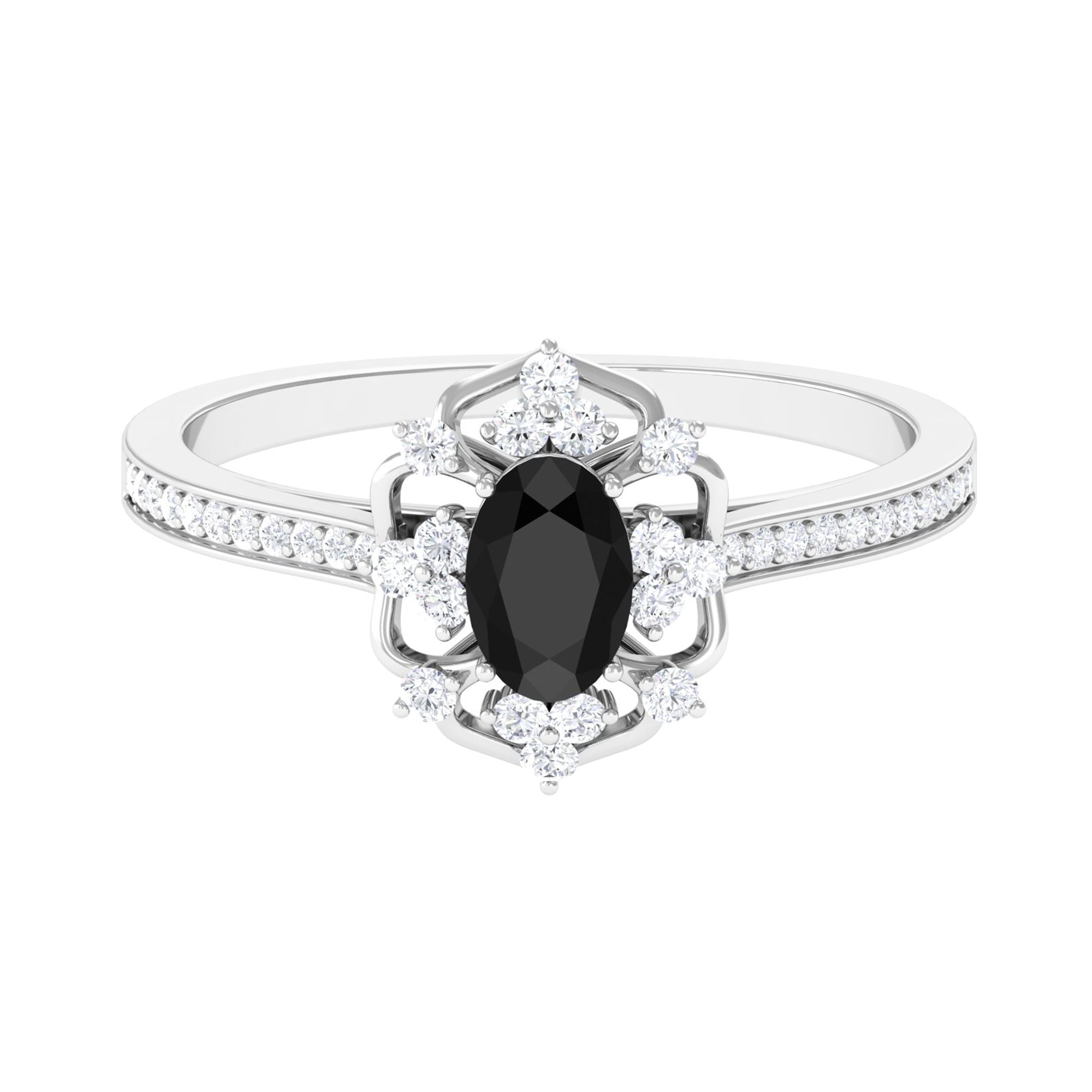 Rosec Jewels-Vintage Inspired Black Onyx Floral Engagement Ring with Diamond