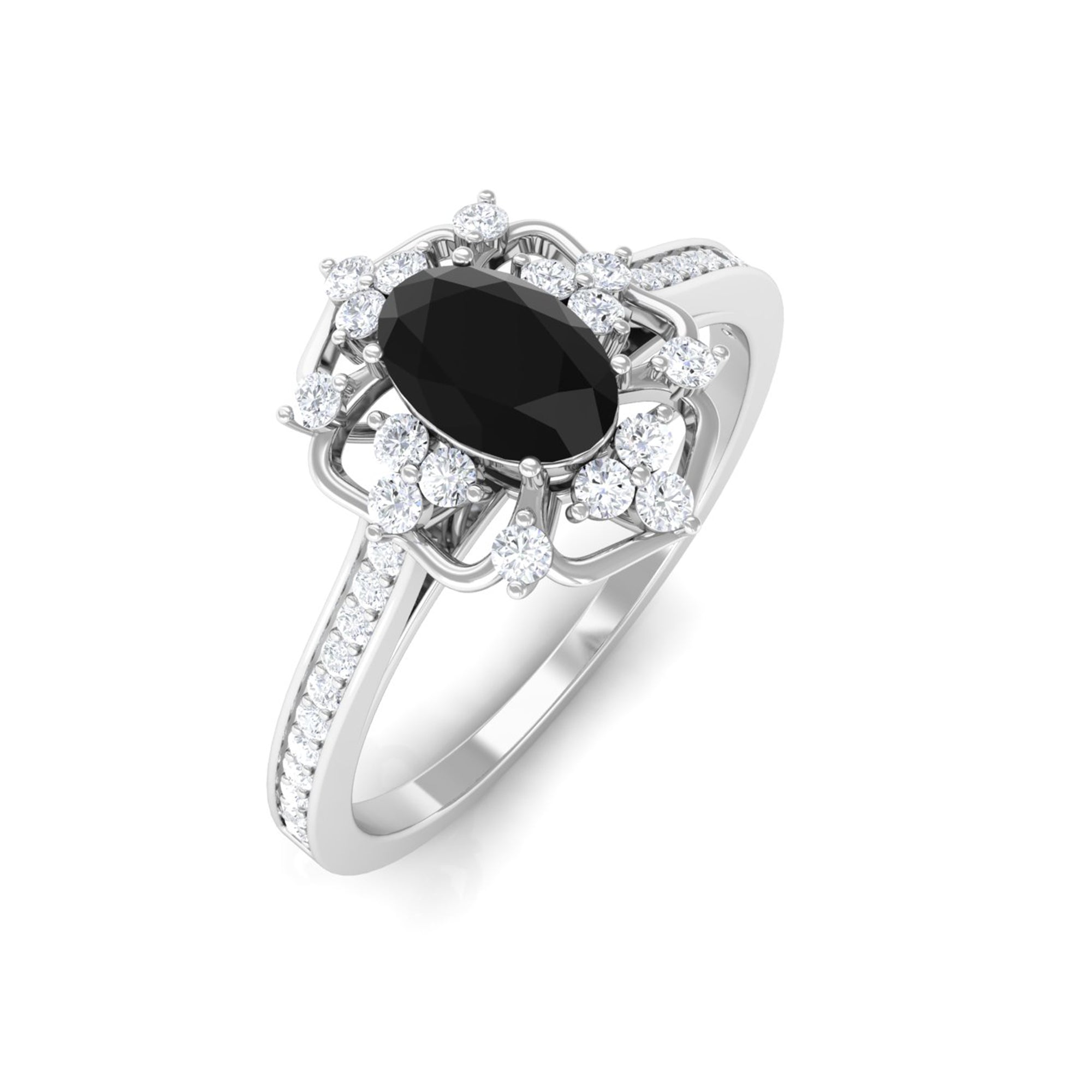 Rosec Jewels-Vintage Inspired Black Onyx Floral Engagement Ring with Diamond