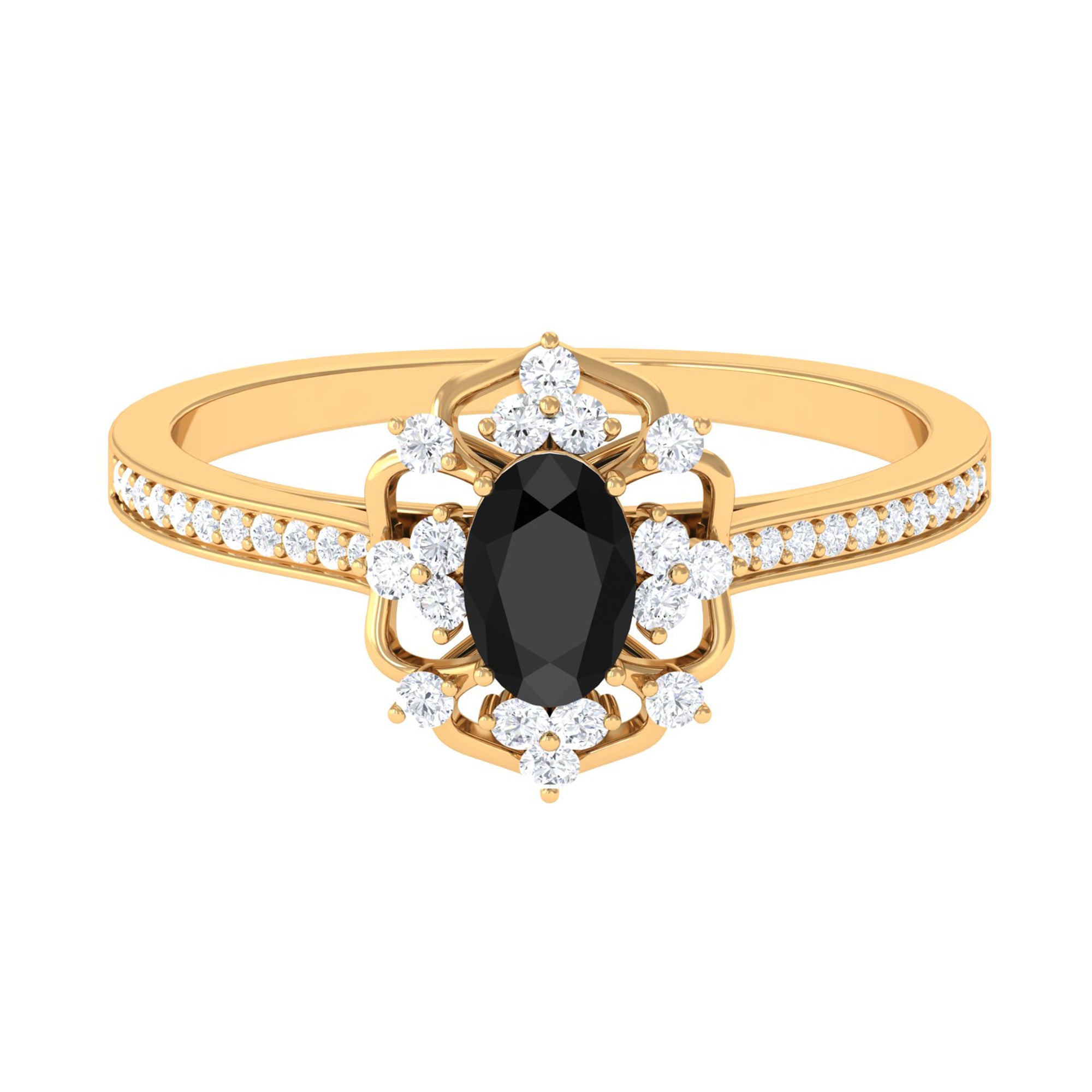 Rosec Jewels-Vintage Inspired Black Onyx Floral Engagement Ring with Diamond