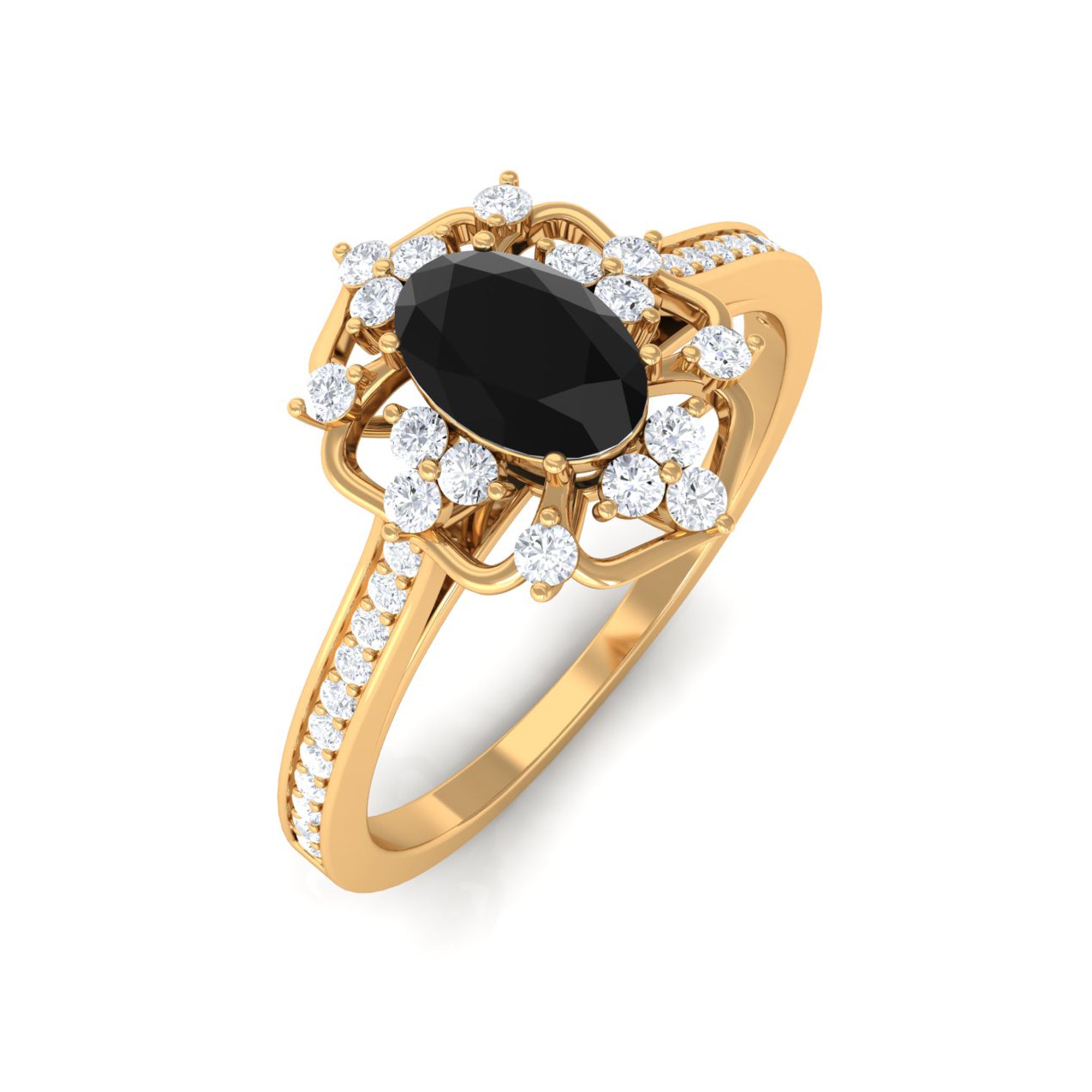 Rosec Jewels-Vintage Inspired Black Onyx Floral Engagement Ring with Diamond