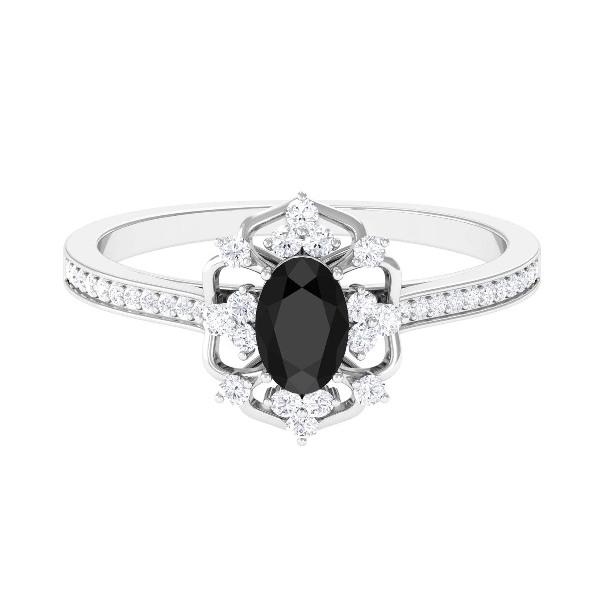 Rosec Jewels-Vintage Inspired Black Spinel Floral Engagement Ring with Diamond