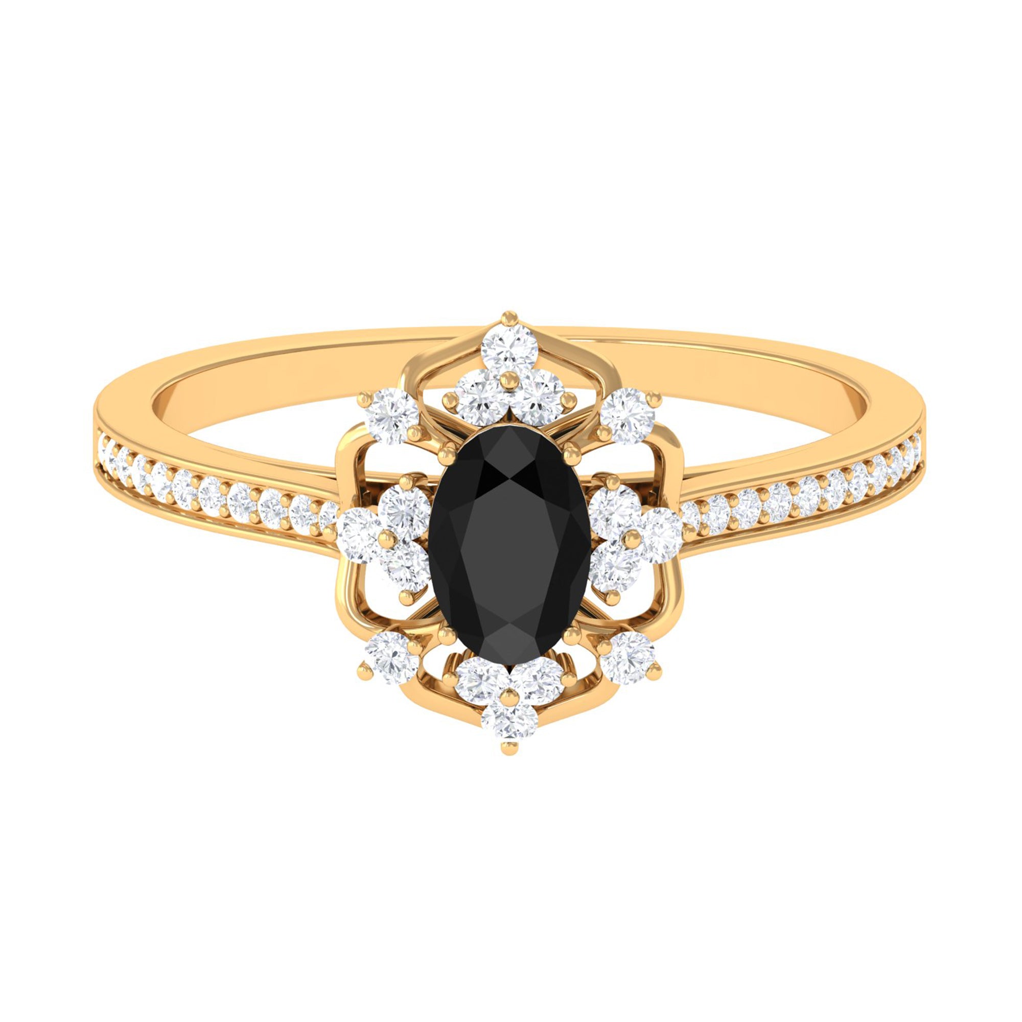 Rosec Jewels-Vintage Inspired Black Spinel Floral Engagement Ring with Diamond