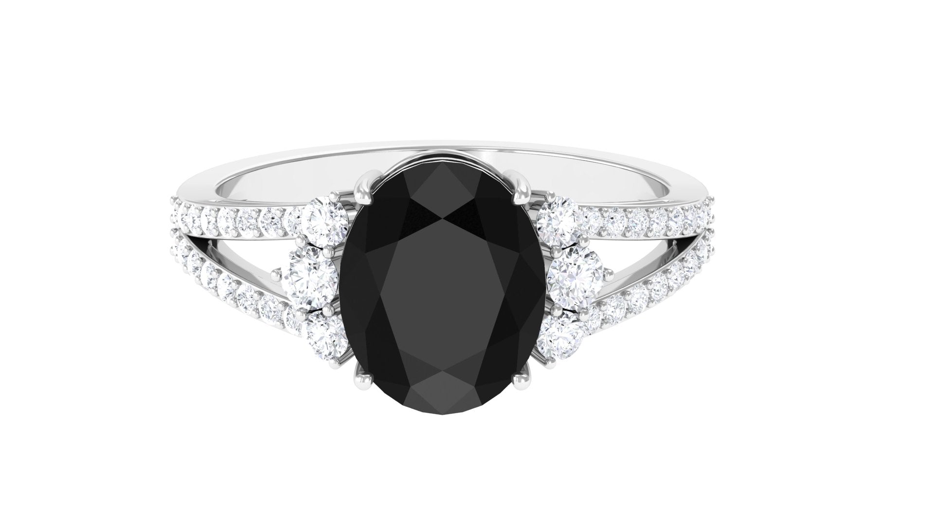 Rosec Jewels-Oval Created Black Diamond Engagement Ring with Diamond Split Shank