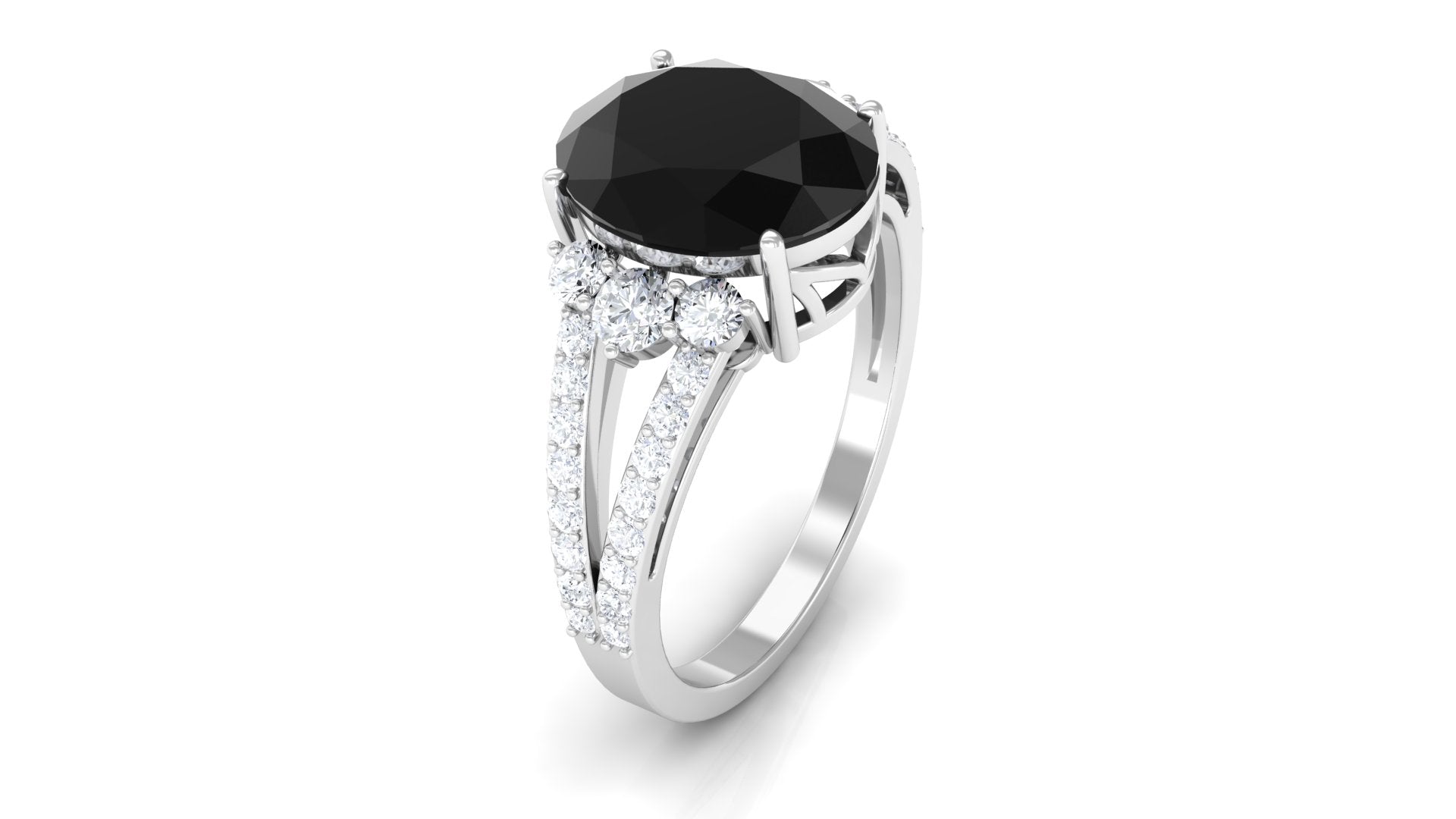 Rosec Jewels-Oval Created Black Diamond Engagement Ring with Diamond Split Shank