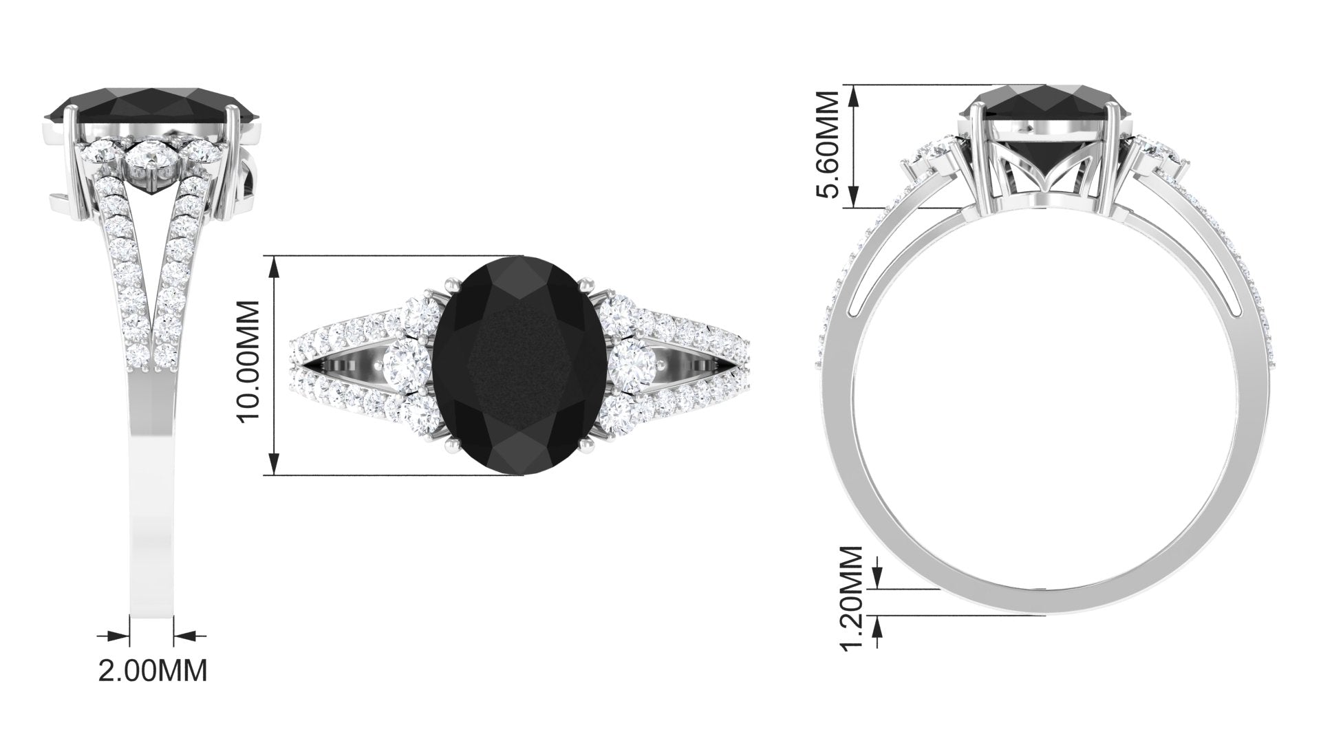 Rosec Jewels-Oval Created Black Diamond Engagement Ring with Diamond Split Shank