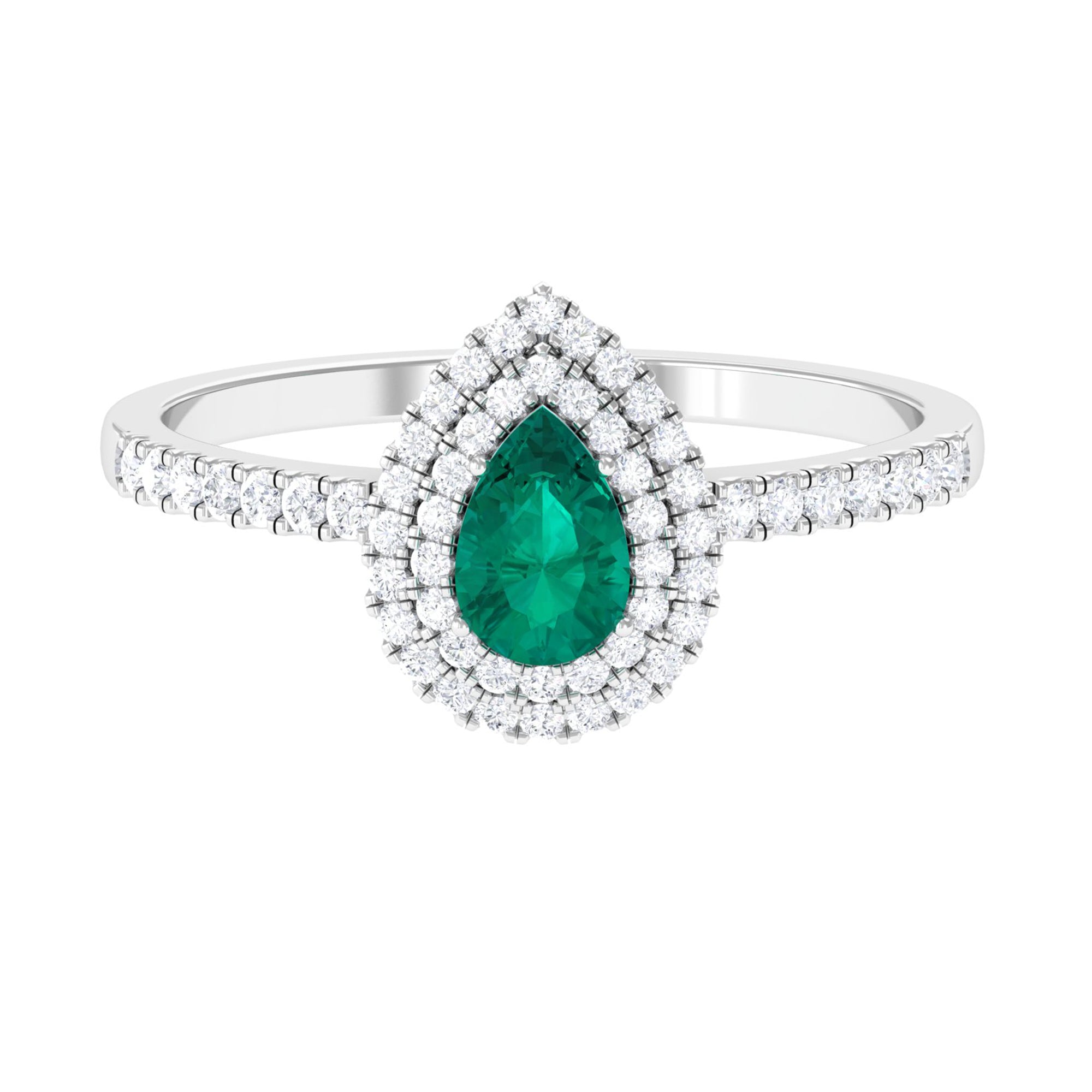 Rosec Jewels-Pear Shape Emerald Engagement Ring with Diamond Double Halo