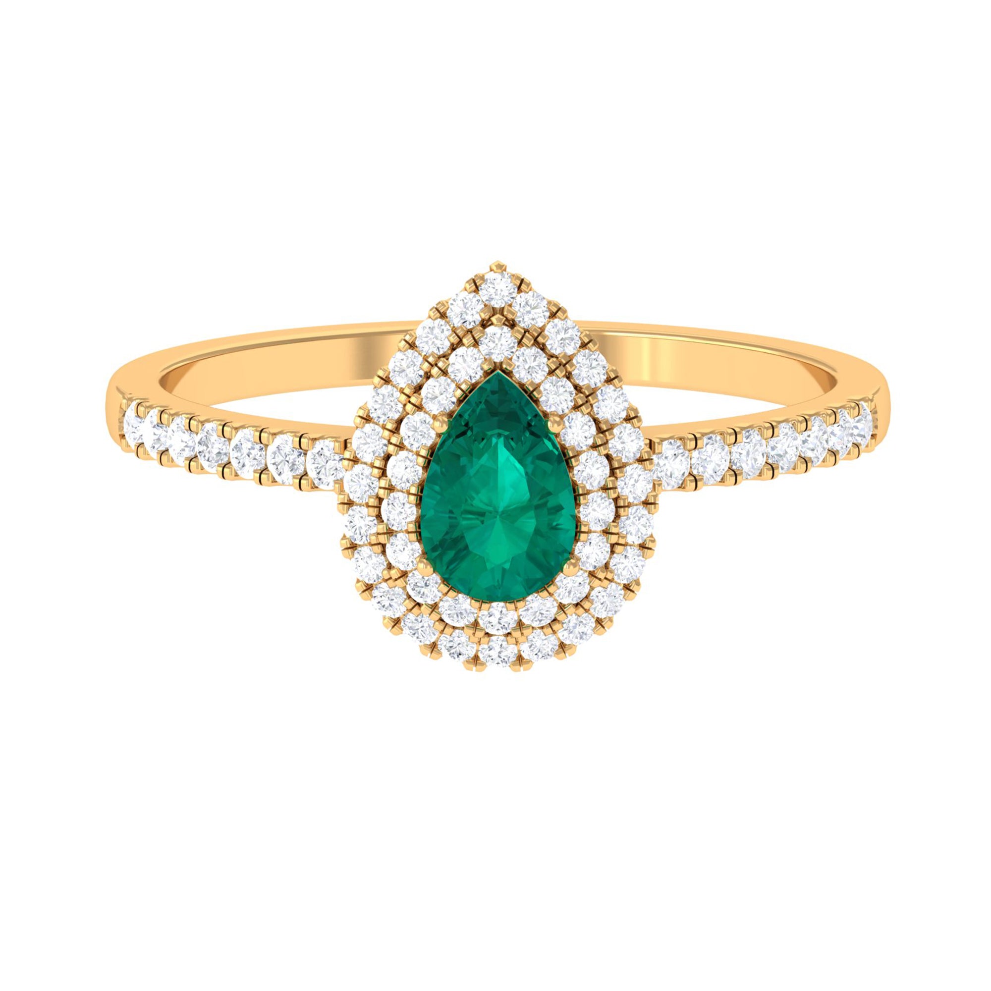 Rosec Jewels-Pear Shape Emerald Engagement Ring with Diamond Double Halo