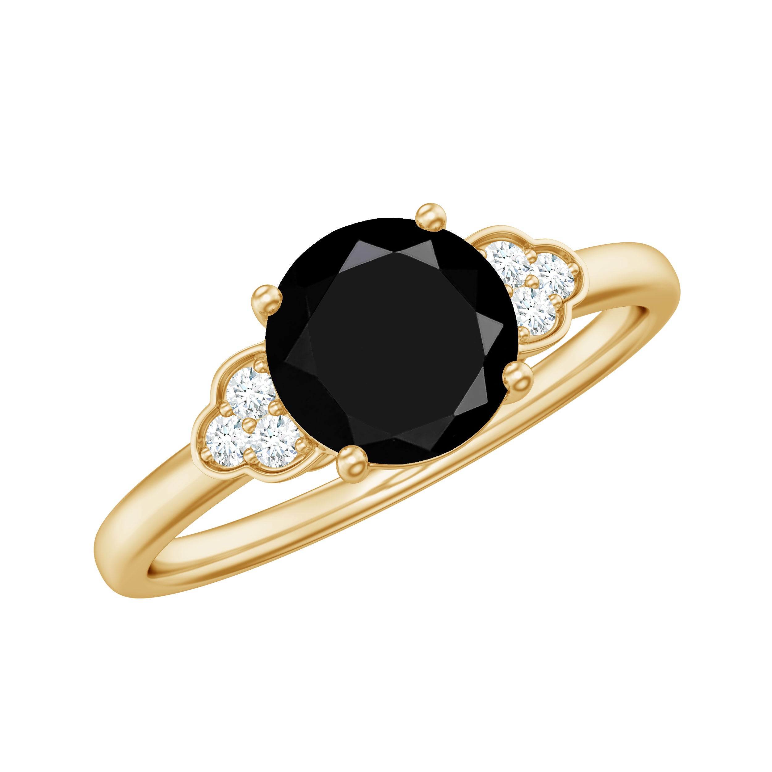 Rosec Jewels-Real Black Onyx Solitaire Engagement Ring with Diamond Trio