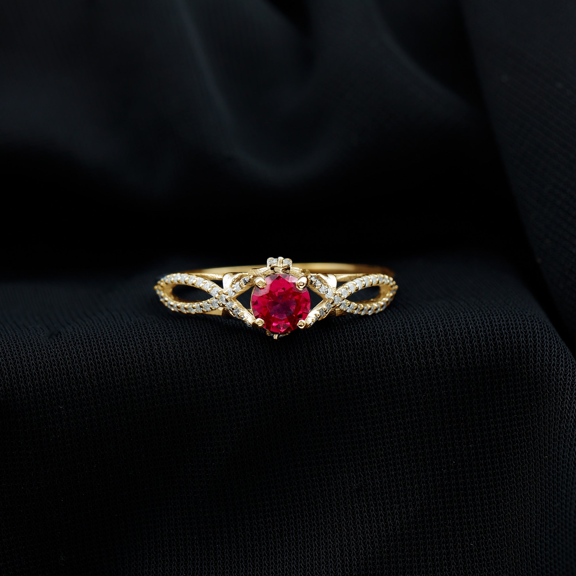 Classic Created Ruby and Diamond Crossover Engagement Ring with Diamond Lab Created Ruby - ( AAAA ) - Quality - Rosec Jewels