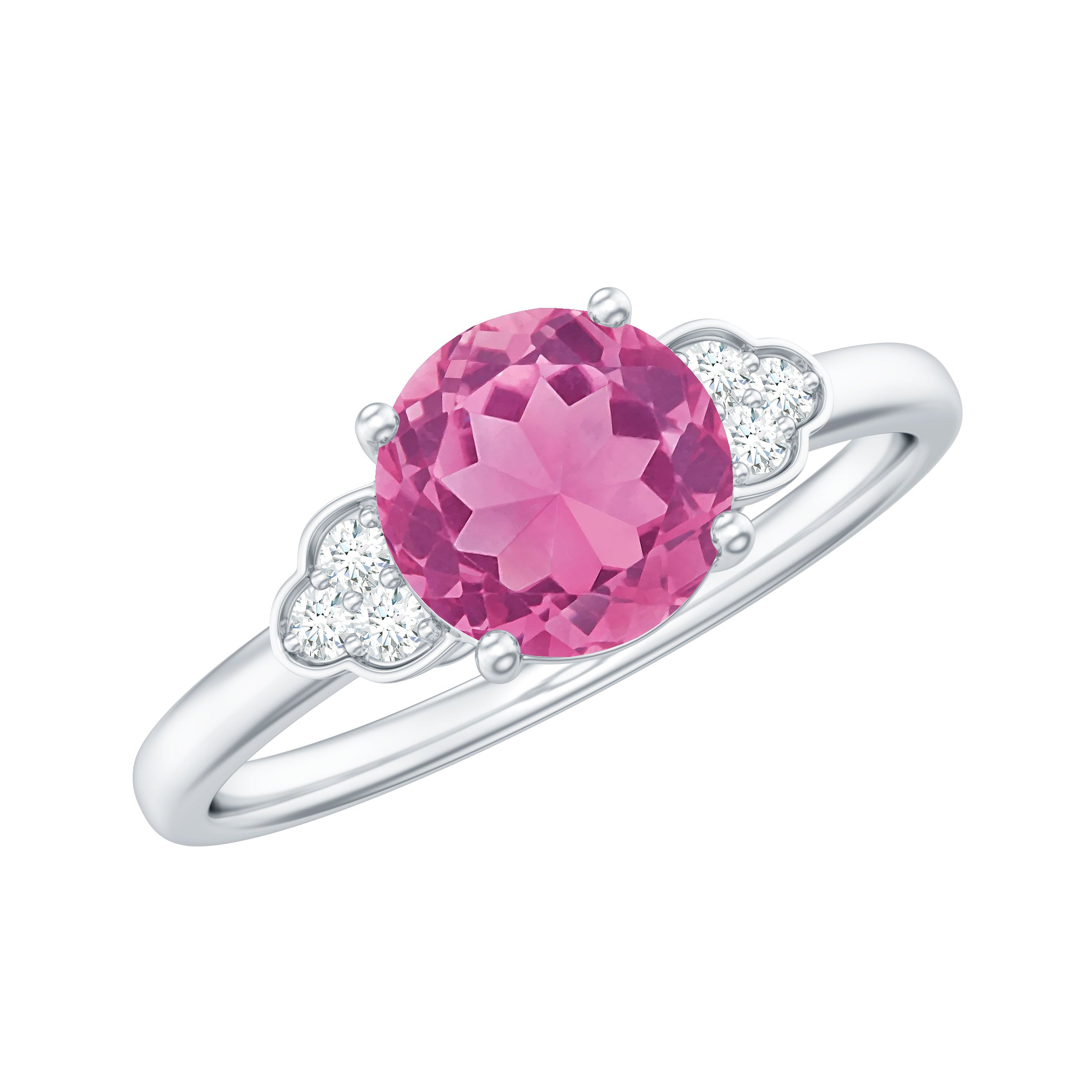 Rosec Jewels-Round Pink Tourmaline Solitaire Engagement Ring with Diamond