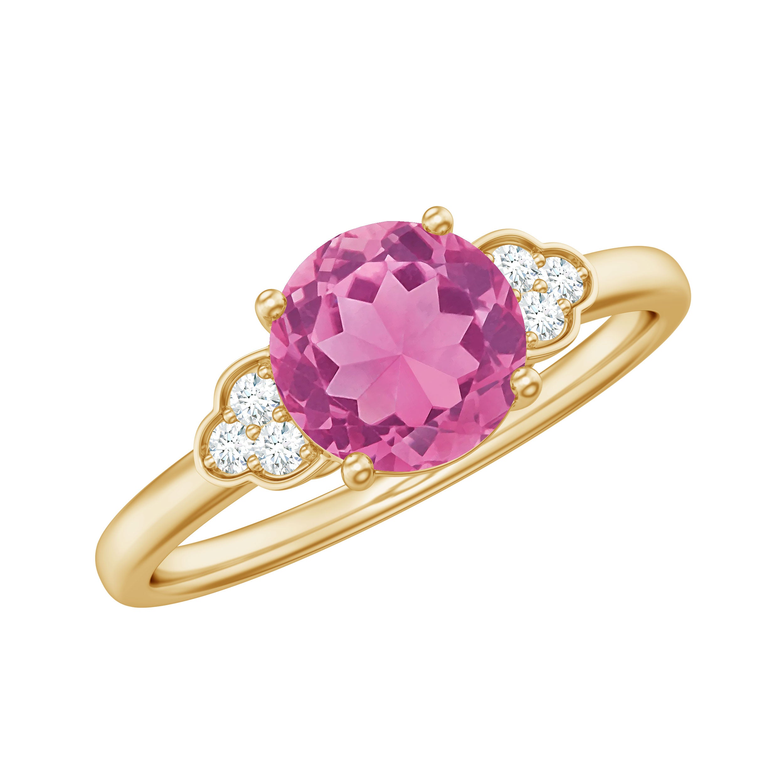 Rosec Jewels-Round Pink Tourmaline Solitaire Engagement Ring with Diamond