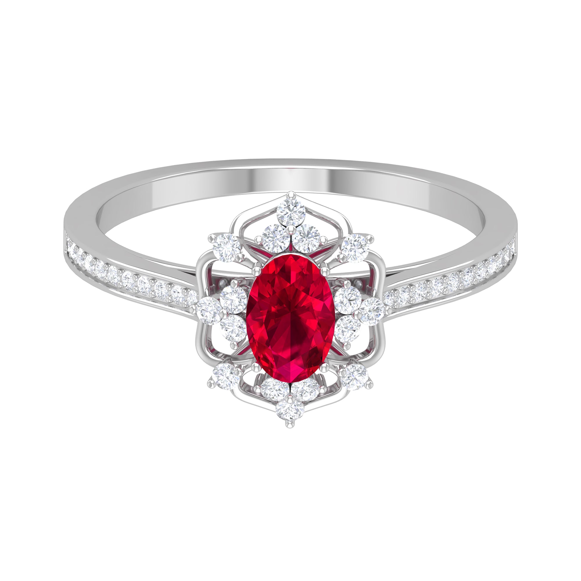 Rosec Jewels-Vintage Style Created Ruby and Diamond Flower Engagement Ring