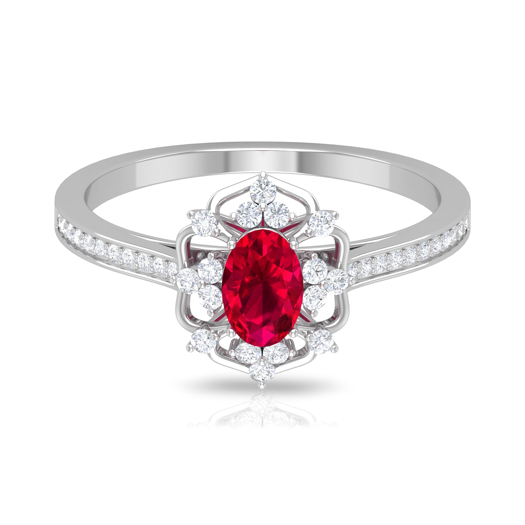 Rosec Jewels-Vintage Style Created Ruby and Diamond Flower Engagement Ring