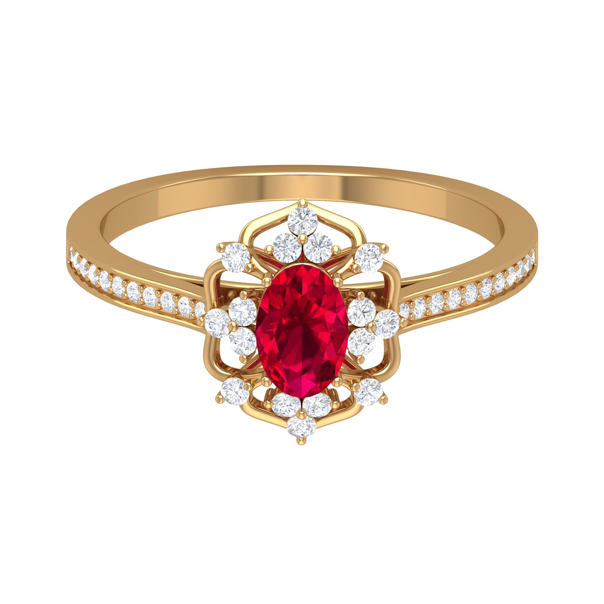 Rosec Jewels-Vintage Style Created Ruby and Diamond Flower Engagement Ring