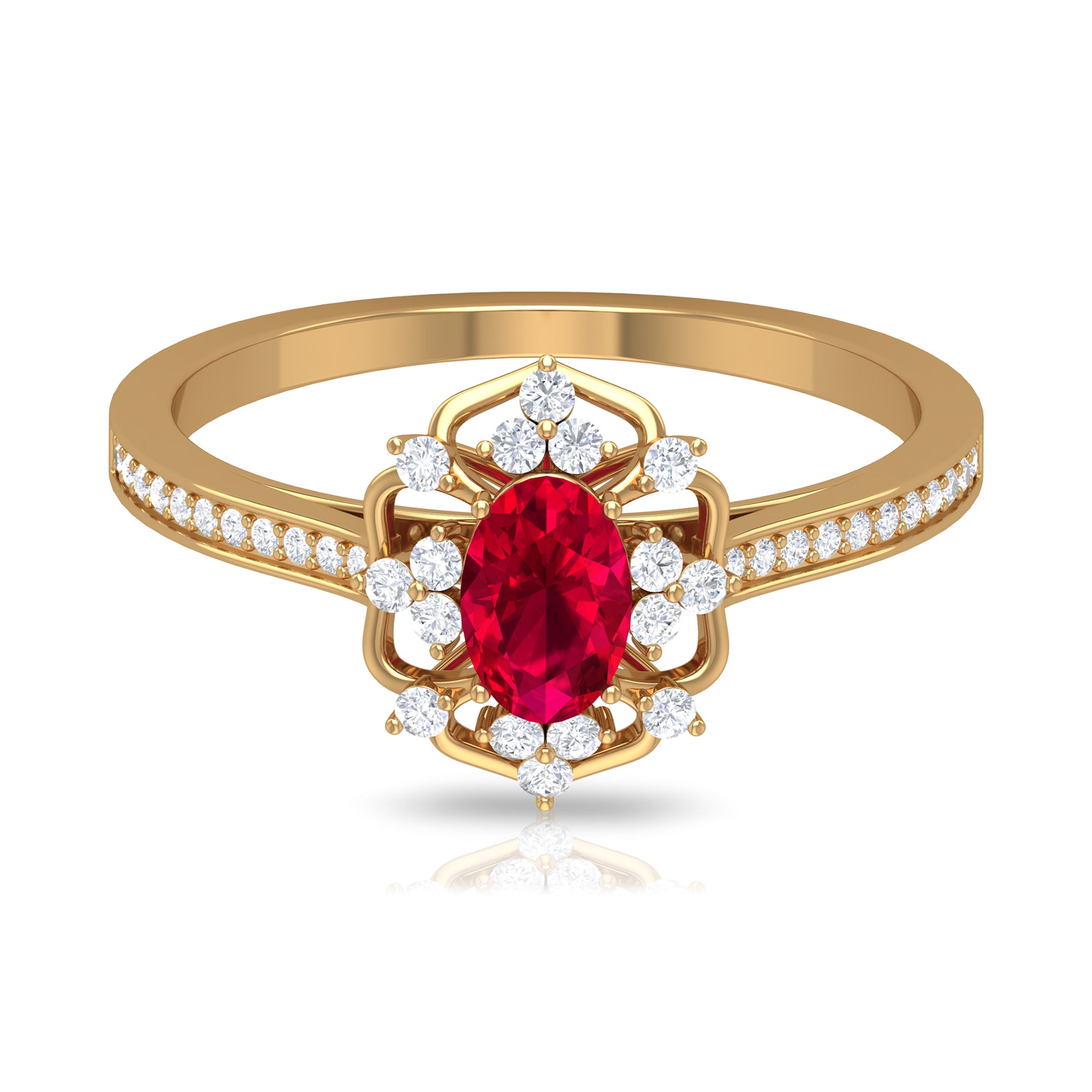 Rosec Jewels-Vintage Style Created Ruby and Diamond Flower Engagement Ring