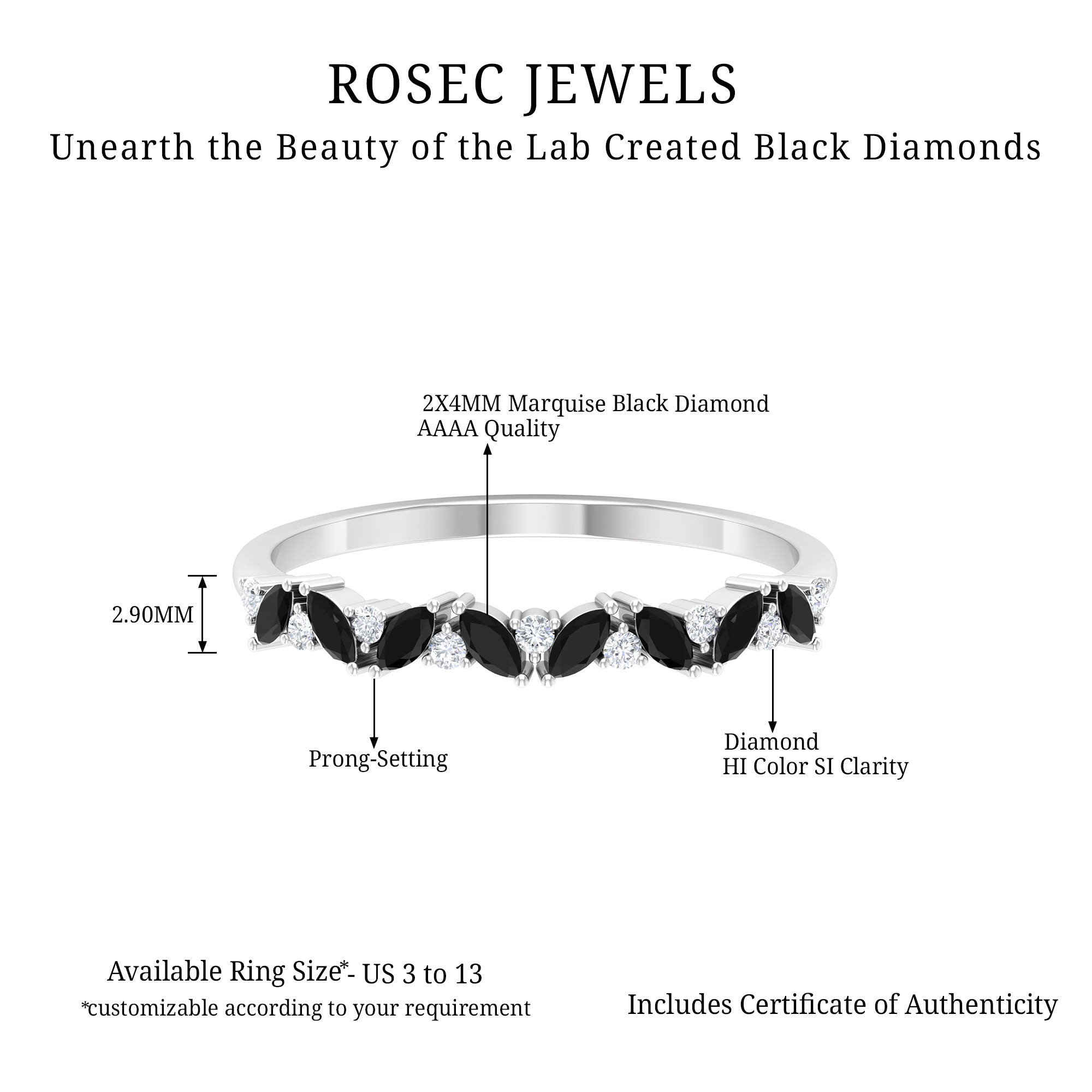 Rosec Jewels-Marquise Created Black Diamond and Diamond Half Eternity Ring