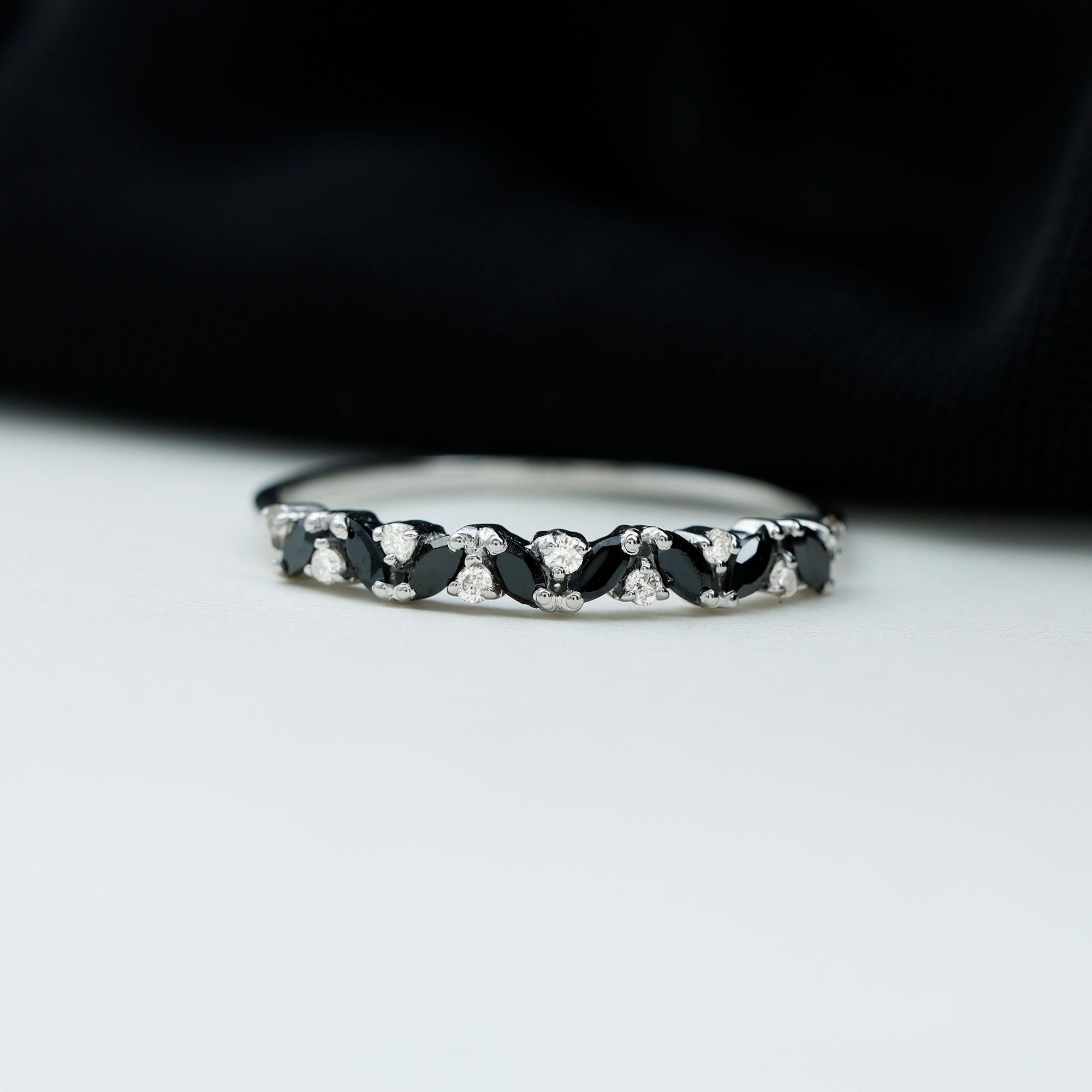 Rosec Jewels-Marquise Created Black Diamond and Diamond Half Eternity Ring