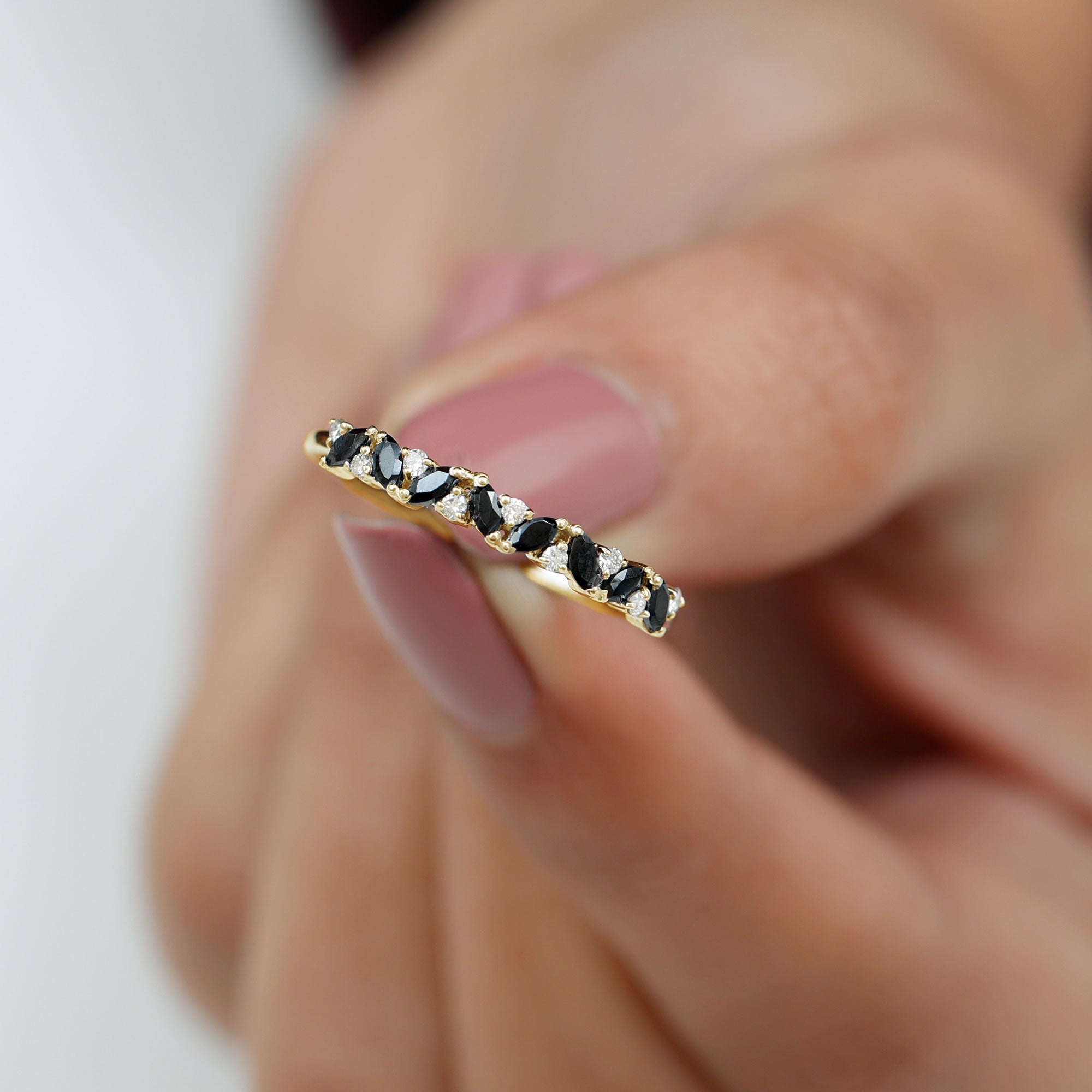 Rosec Jewels-Marquise Created Black Diamond and Diamond Half Eternity Ring