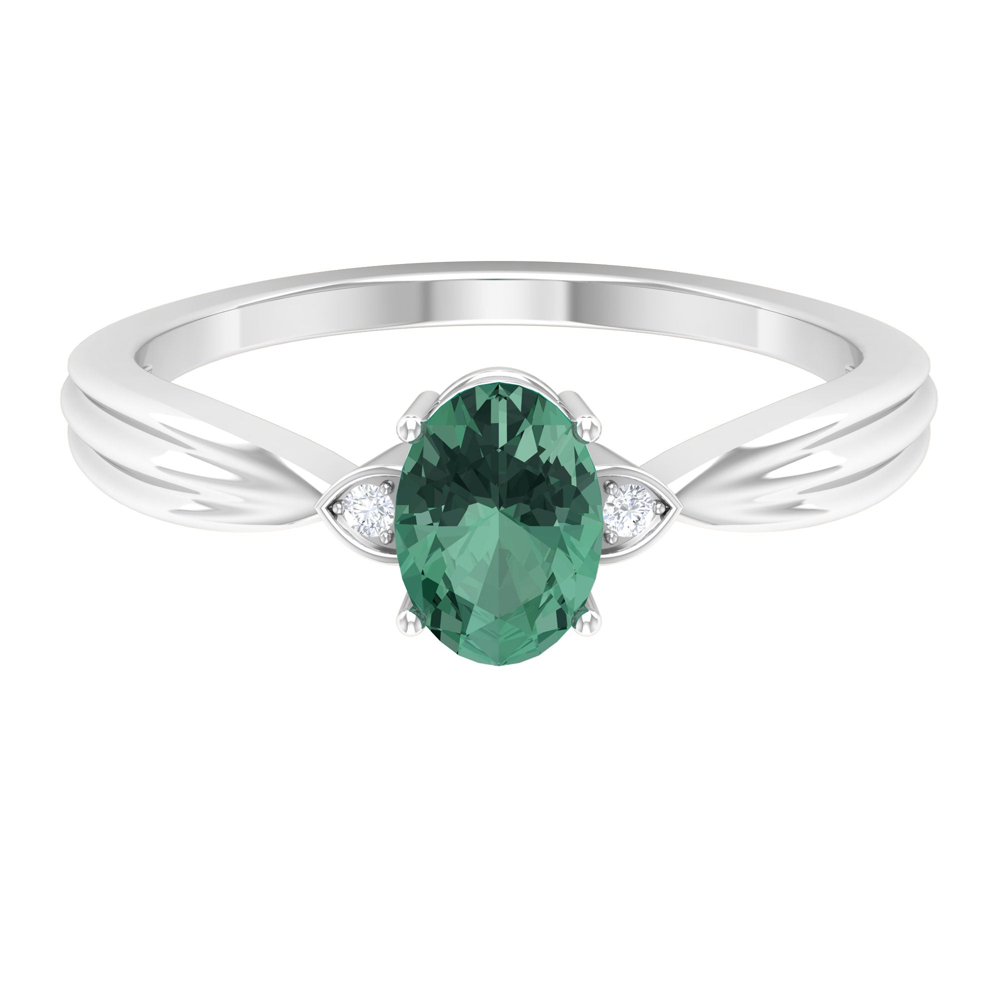 Rosec Jewels-Oval Shape Green Sapphire Solitaire Engagement Ring with Diamond