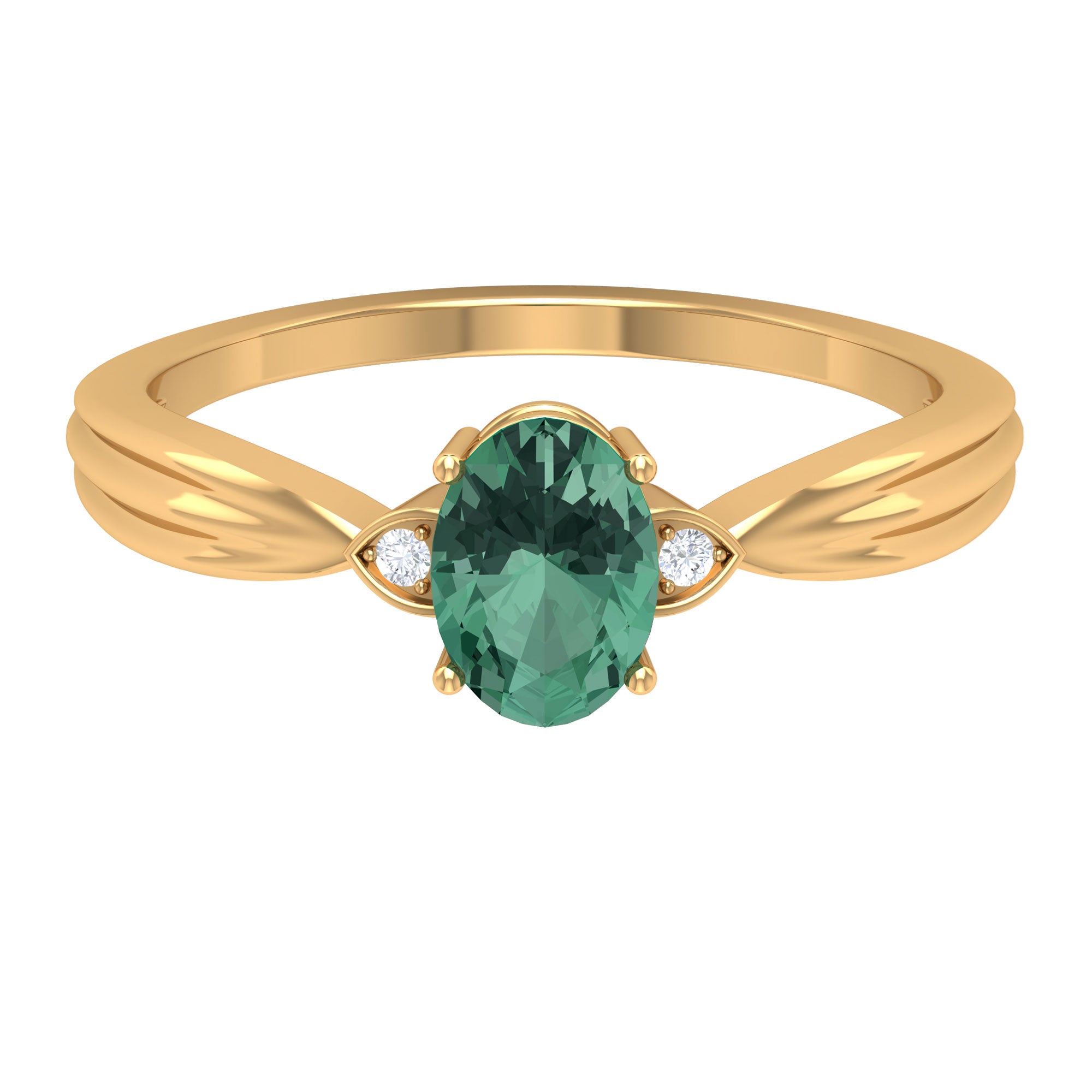 Rosec Jewels-Oval Shape Green Sapphire Solitaire Engagement Ring with Diamond