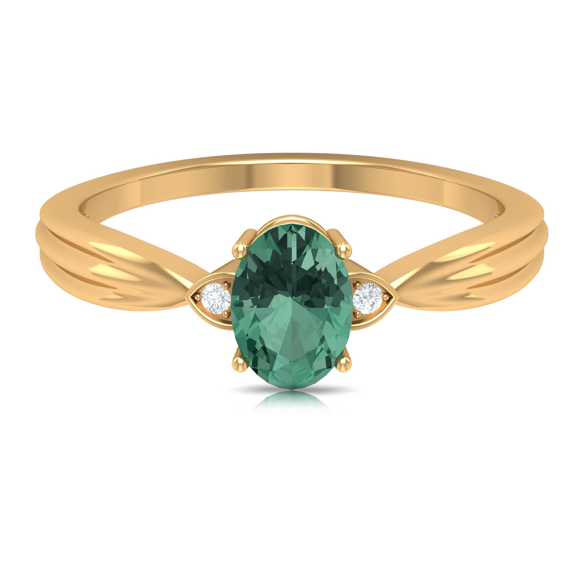 Rosec Jewels-Oval Shape Green Sapphire Solitaire Engagement Ring with Diamond